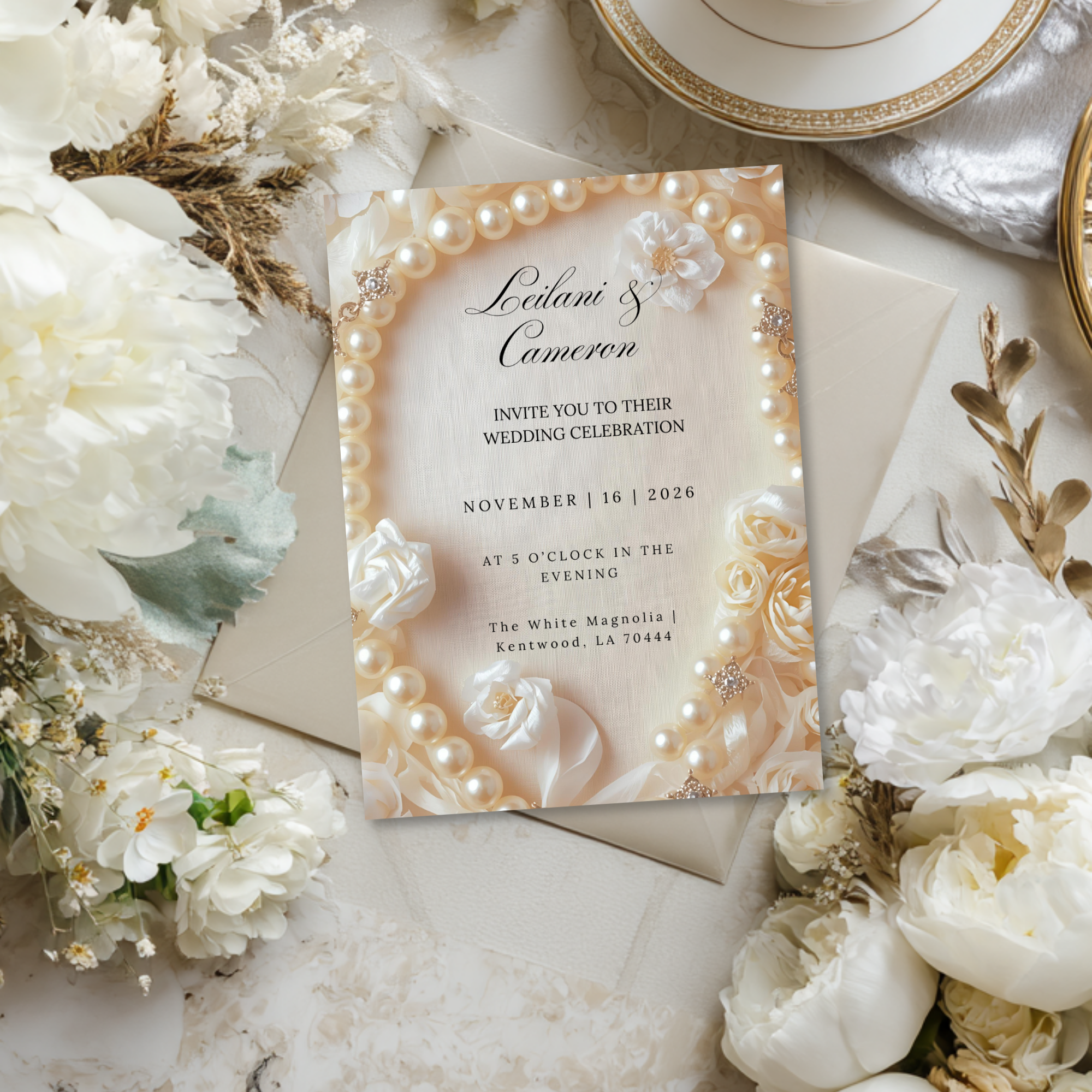Elegant Pearl Wedding Invitation Template: Ivory Roses (Digital Download)