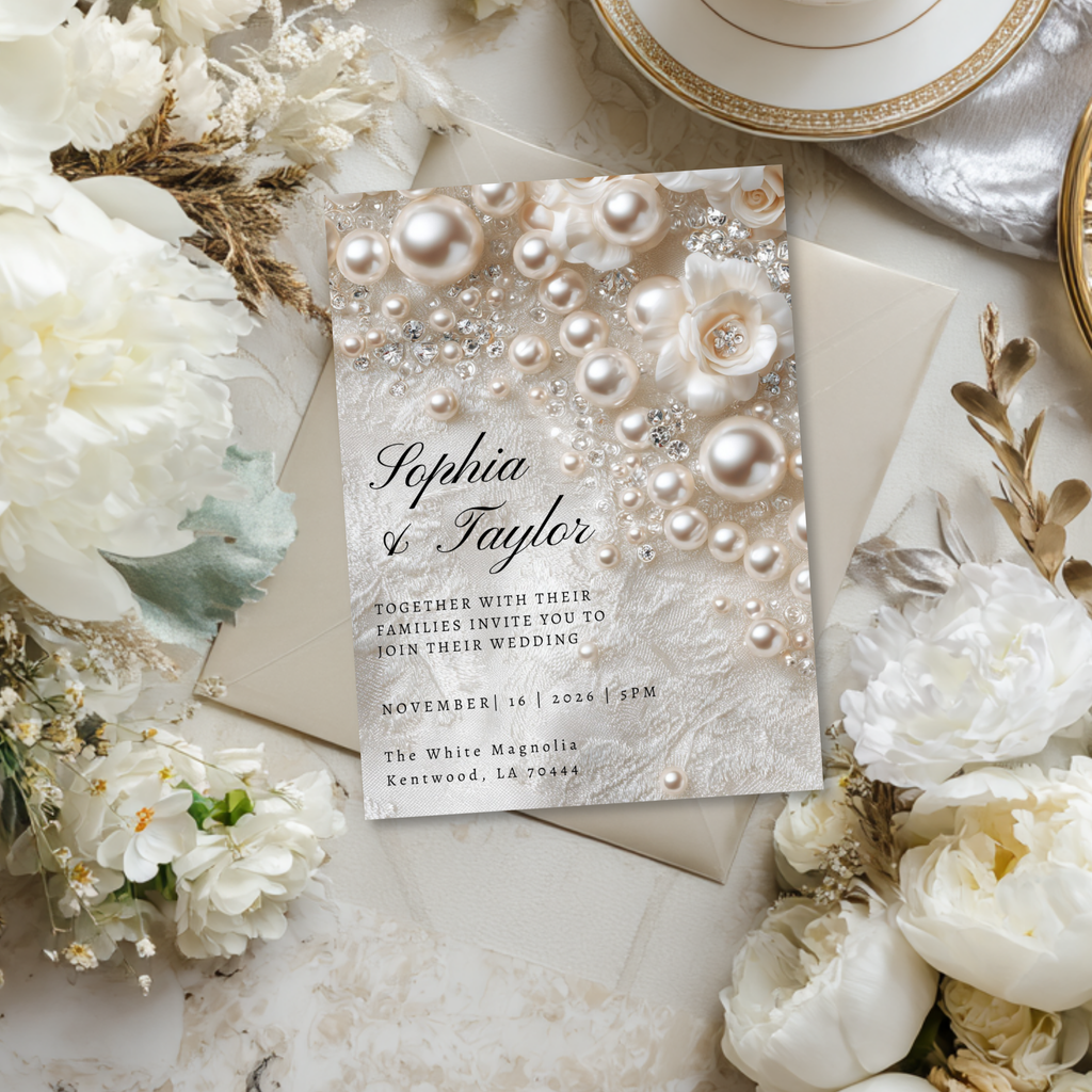 Romantic Pearl Wedding Invitation | Whimsical Elegant Wedding Template | Canva Editable Invite