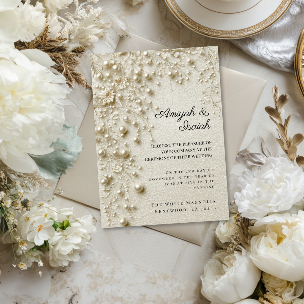 Pearl & Lace Wedding Invitation Template | Vintage Romantic Bridal Invite | Editable Canva Stationery
