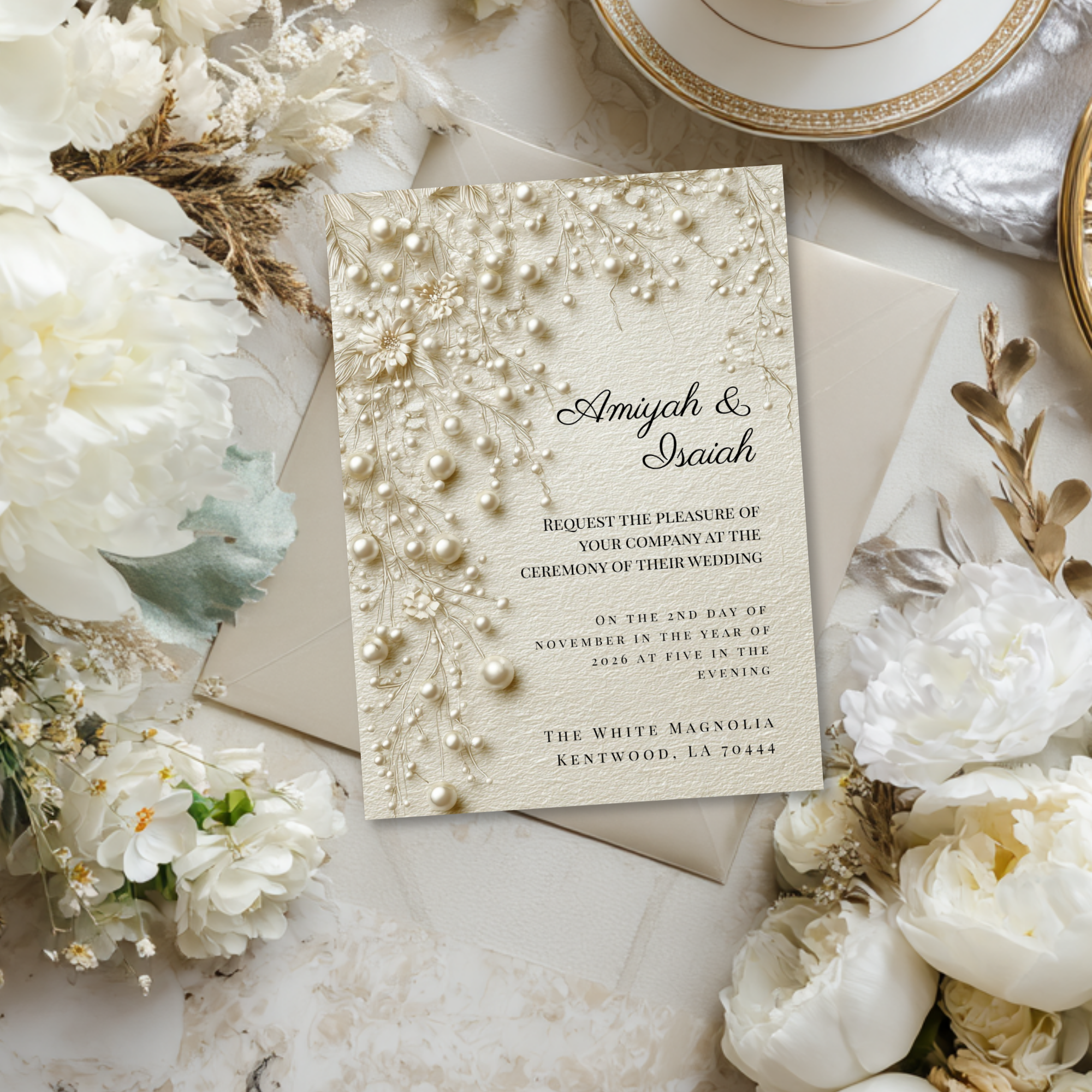 Pearl & Lace Wedding Invitation Template | Vintage Romantic Bridal Invite | Editable Canva Stationery