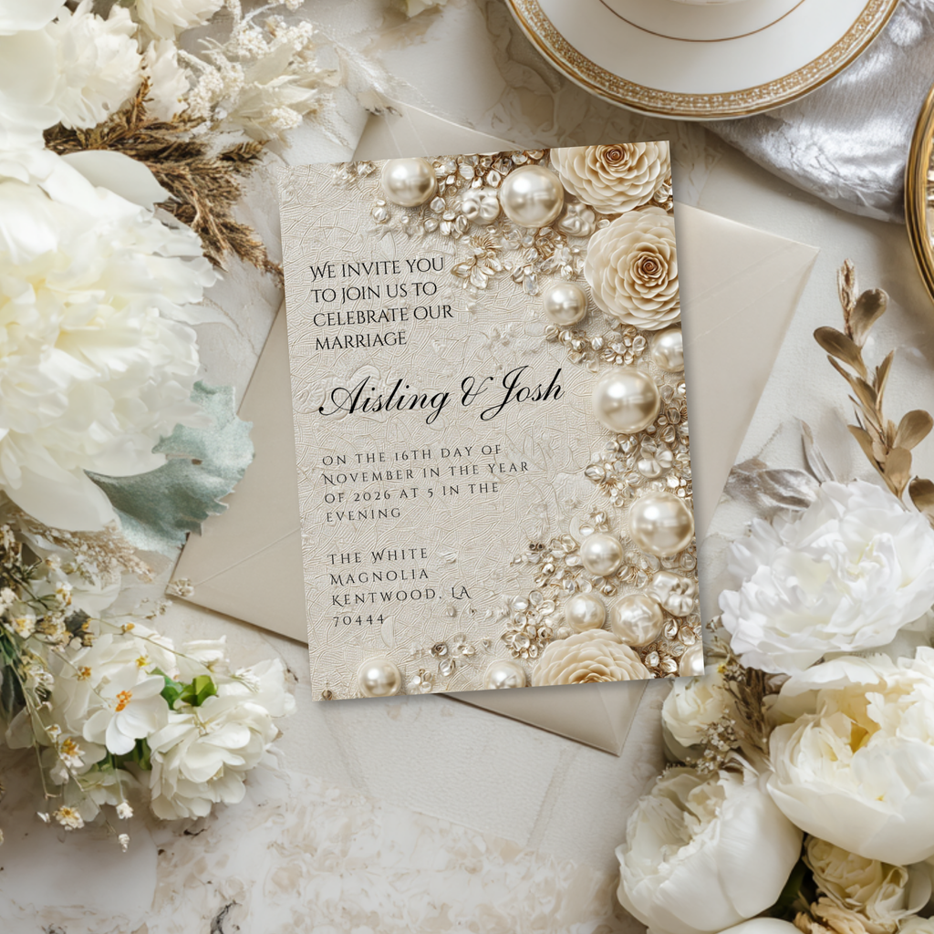 Pearl Wedding Invitation Template | Timeless Romantic Bridal Invitation | Editable Canva Design