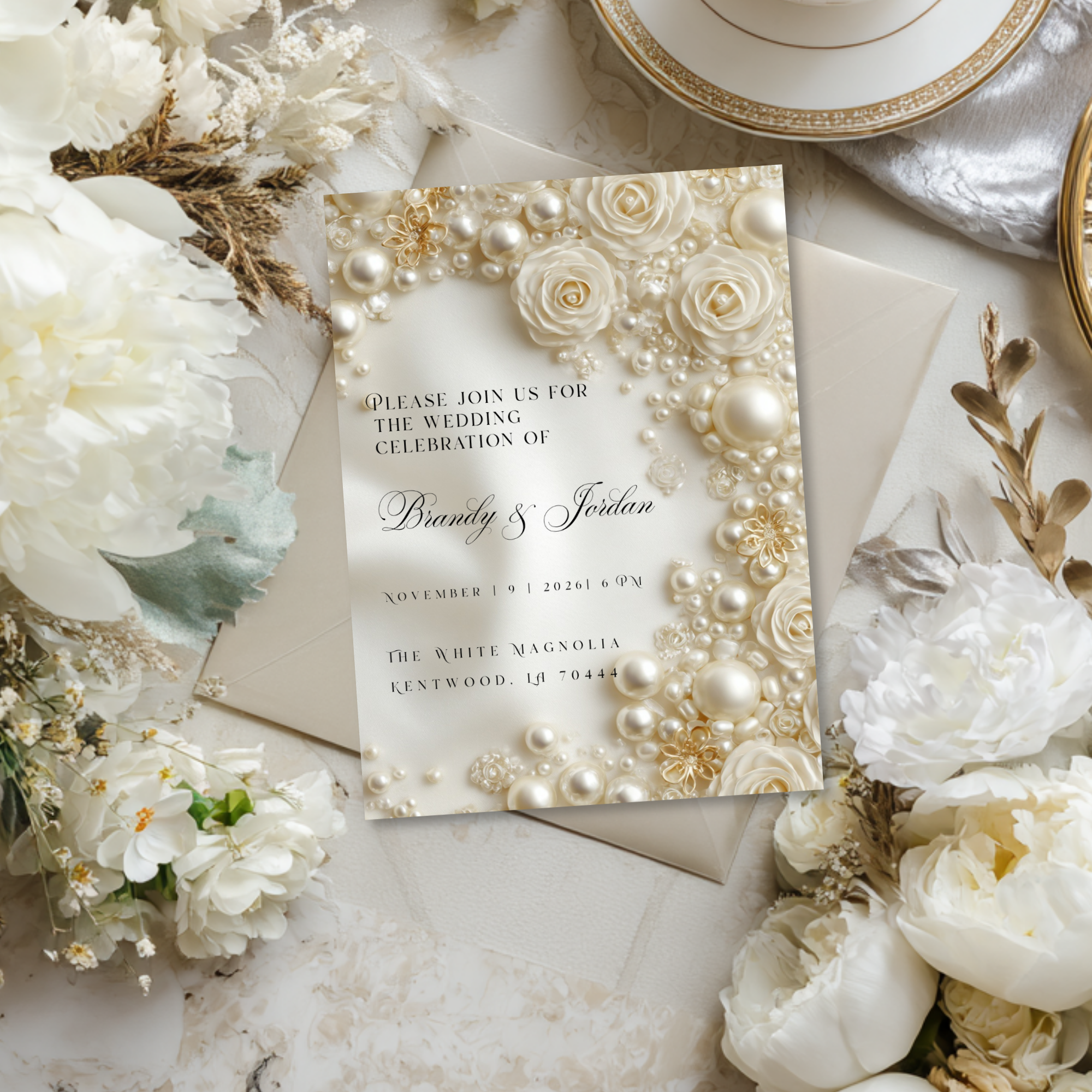 Floral Pearl Wedding Invitation Template | Luxury Glamorous Bridal Invite | Editable Canva Stationery