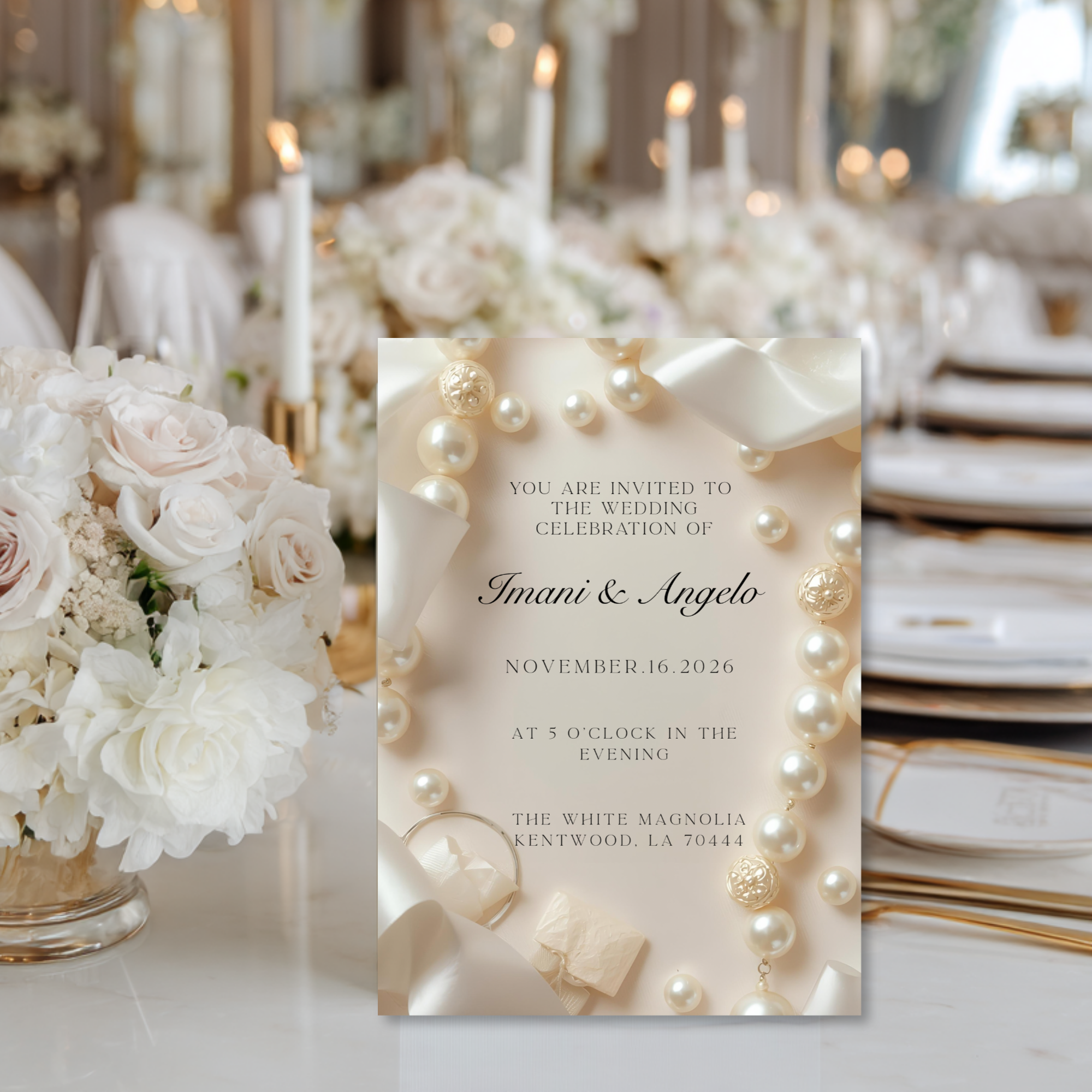 Pearl Elegance Wedding Invitation Template | Editable in Canva