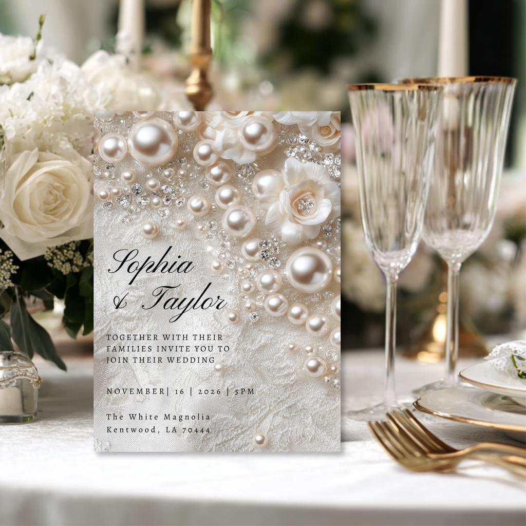 Romantic Pearl Wedding Invitation | Whimsical Elegant Wedding Template | Canva Editable Invite