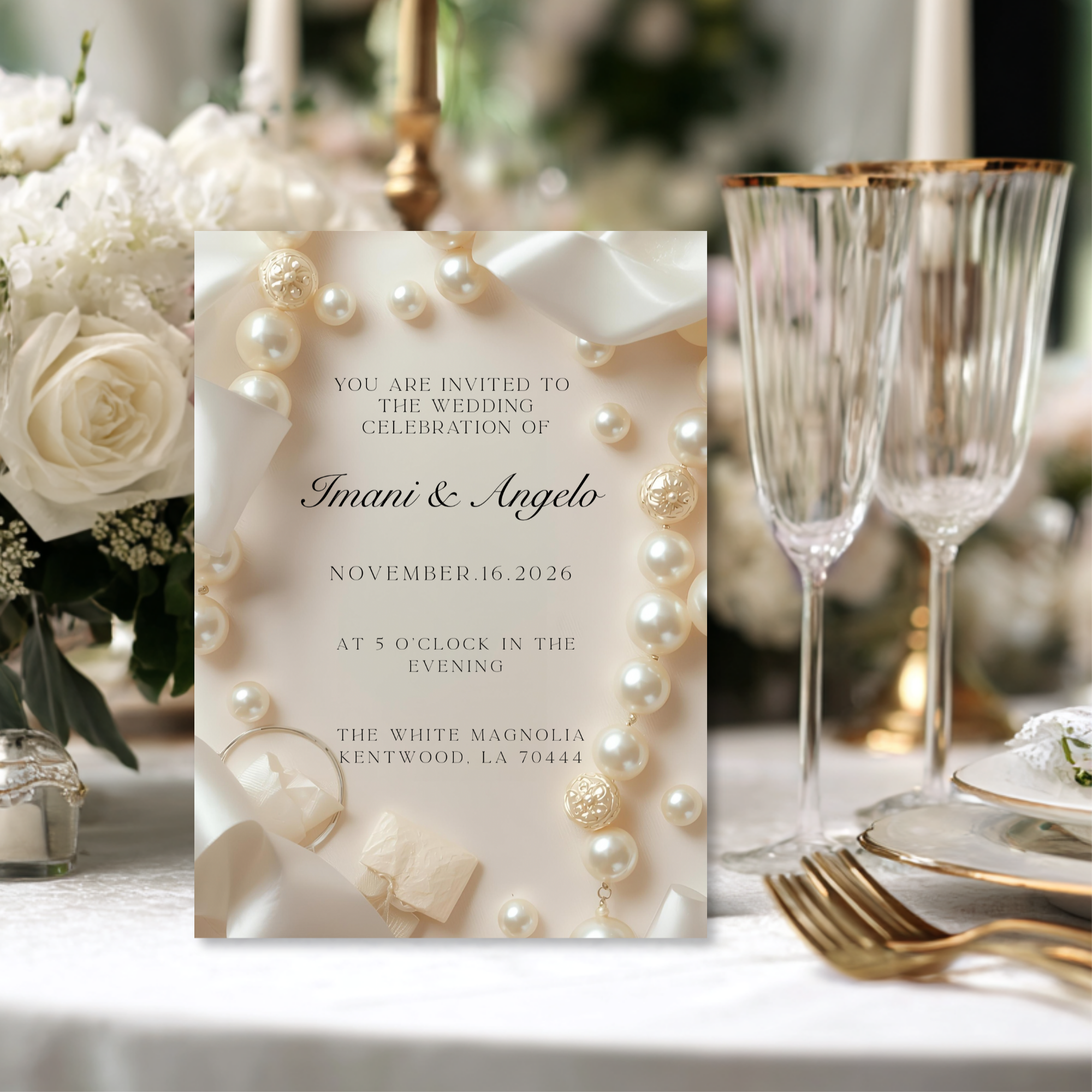Pearl Elegance Wedding Invitation Template | Editable in Canva