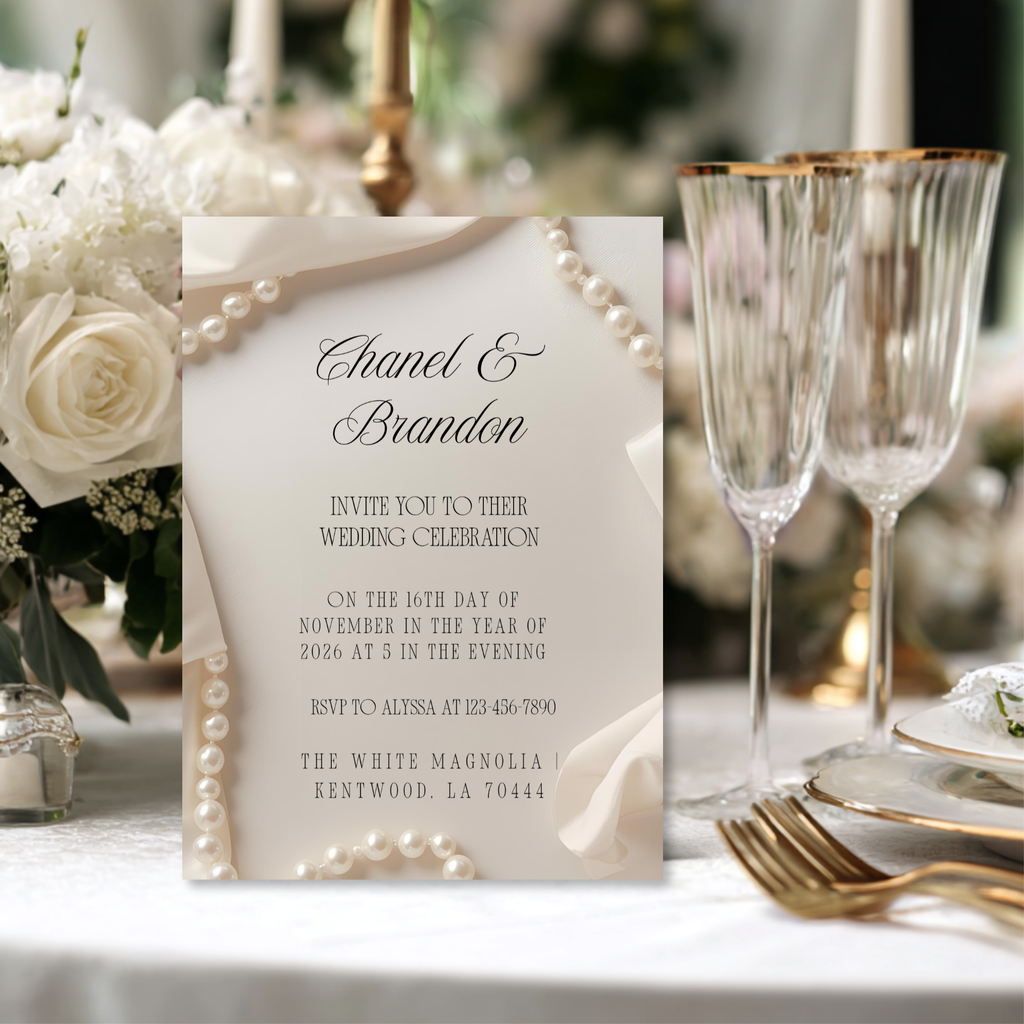 Minimal Pearl Wedding Invitation Template | Modern Elegant Bridal Suite | Editable Canva Invitation