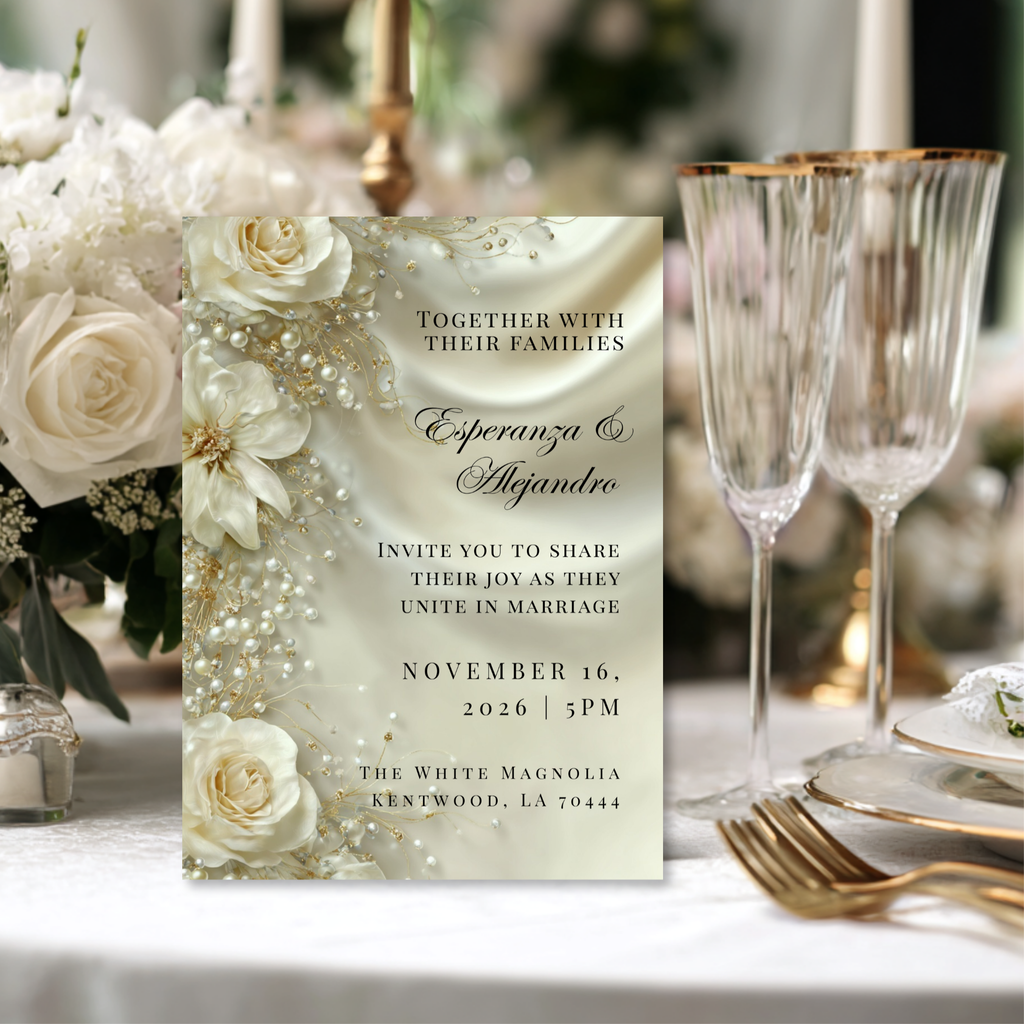Luxury Satin & Pearl Wedding Invitation | Glamorous Bridal Invitation Template | Editable Canva Design