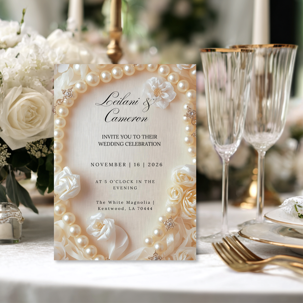 Elegant Pearl Wedding Invitation Template: Ivory Roses (Digital Download)