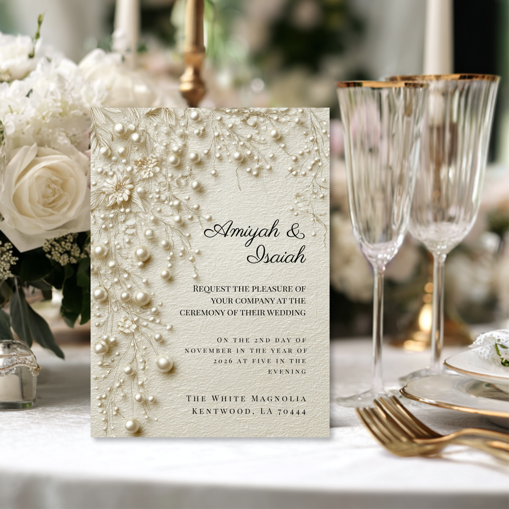 Pearl & Lace Wedding Invitation Template | Vintage Romantic Bridal Invite | Editable Canva Stationery