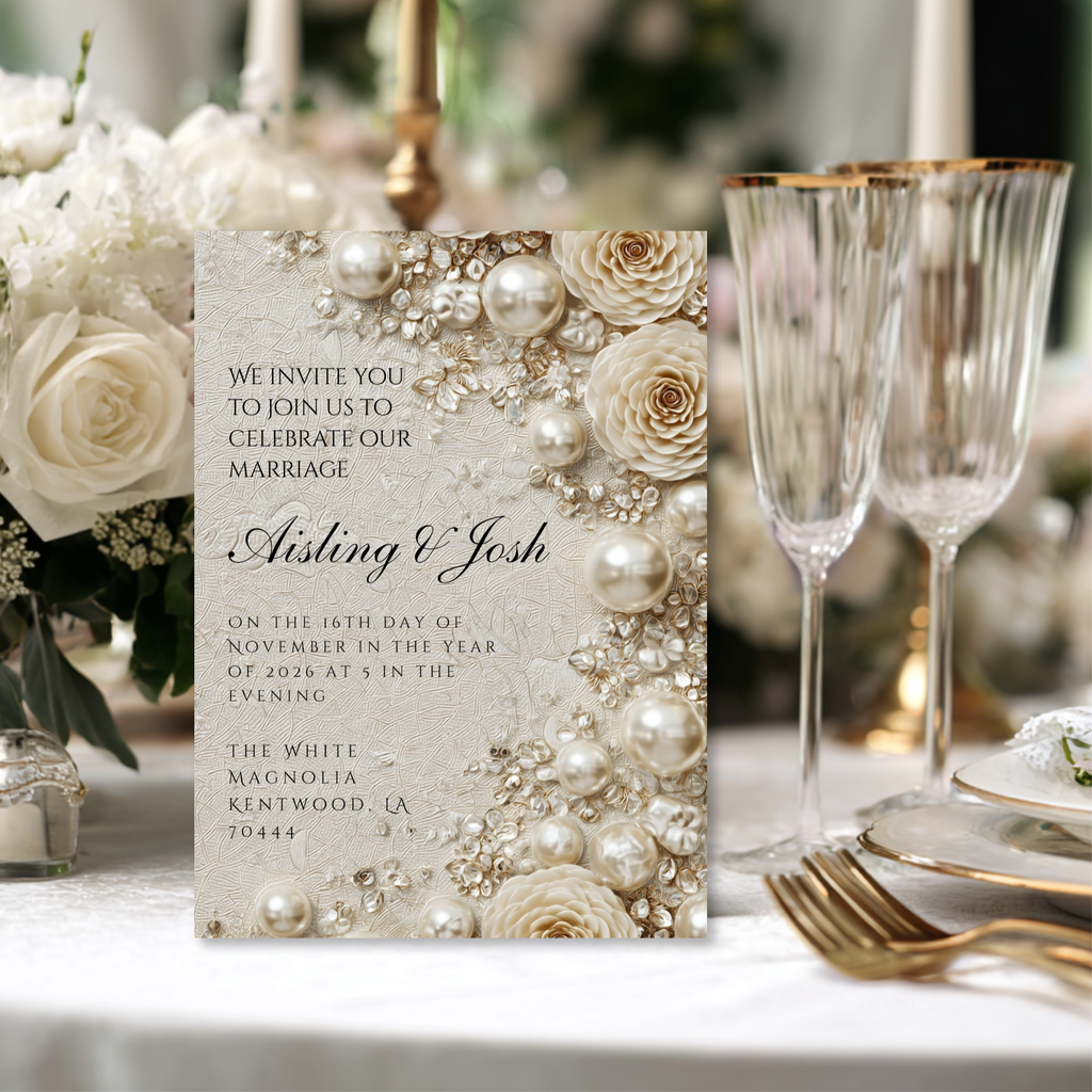 Pearl Wedding Invitation Template | Timeless Romantic Bridal Invitation | Editable Canva Design