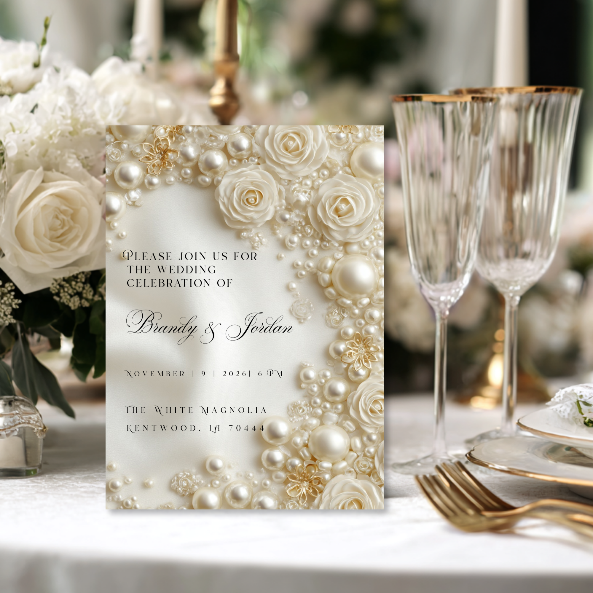 Floral Pearl Wedding Invitation Template | Luxury Glamorous Bridal Invite | Editable Canva Stationery