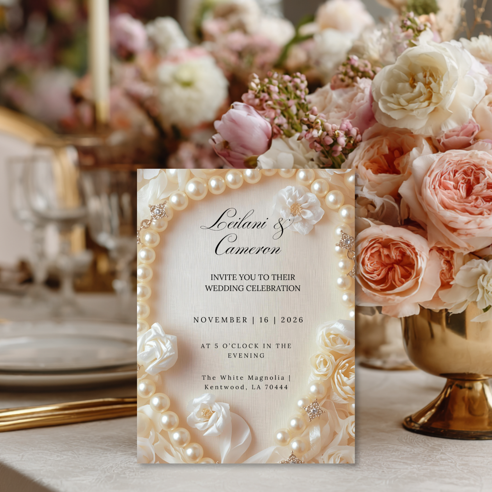 Elegant Pearl Wedding Invitation Template: Ivory Roses (Digital Download)
