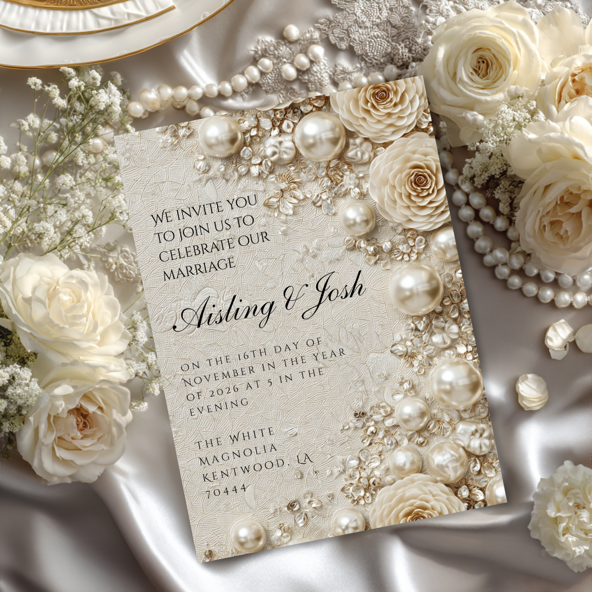 Pearl Wedding Invitation Template | Timeless Romantic Bridal Invitation | Editable Canva Design