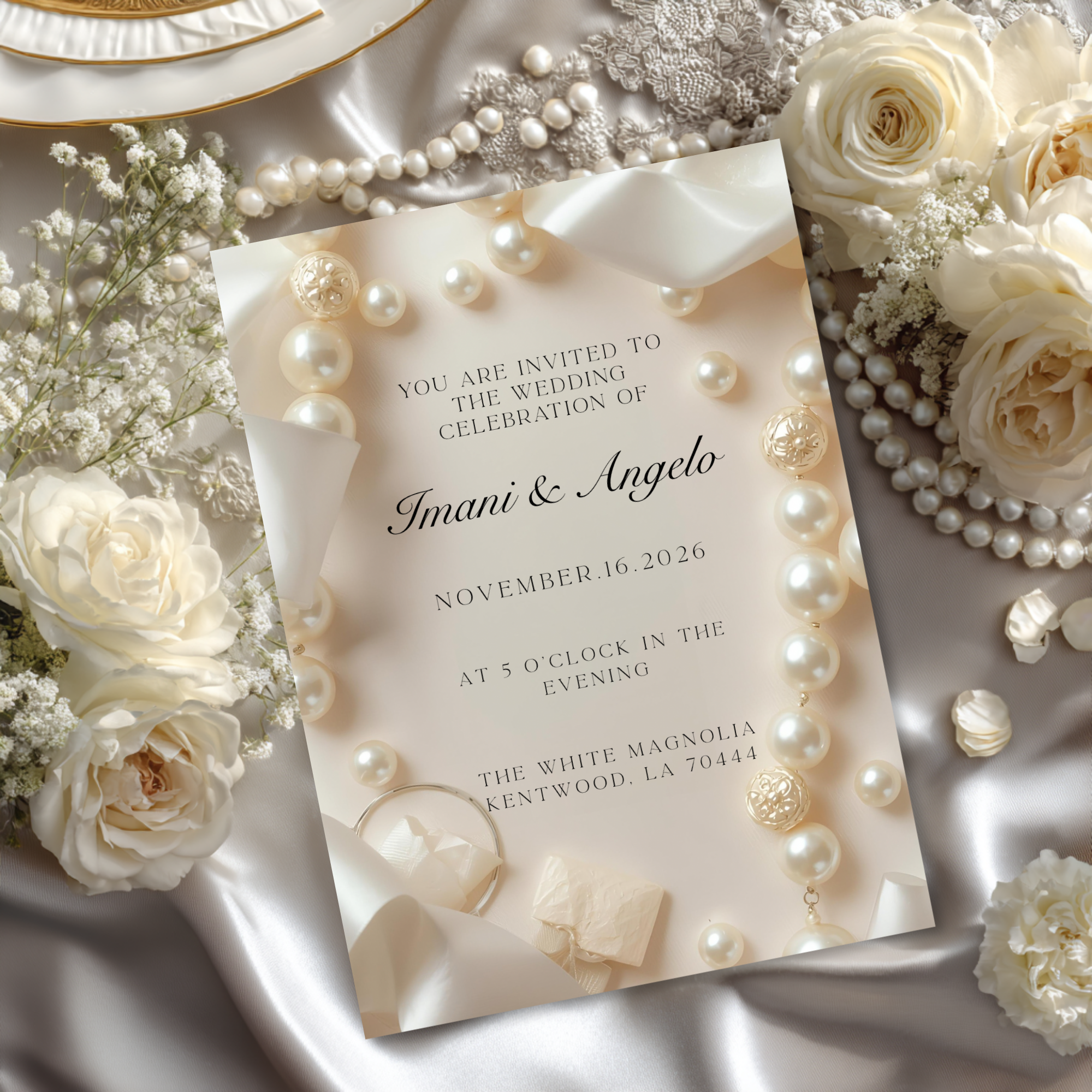 Pearl Elegance Wedding Invitation Template | Editable in Canva