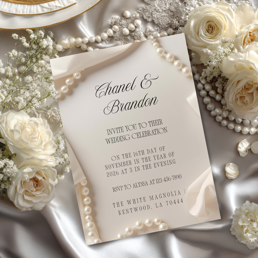 Minimal Pearl Wedding Invitation Template | Modern Elegant Bridal Suite | Editable Canva Invitation