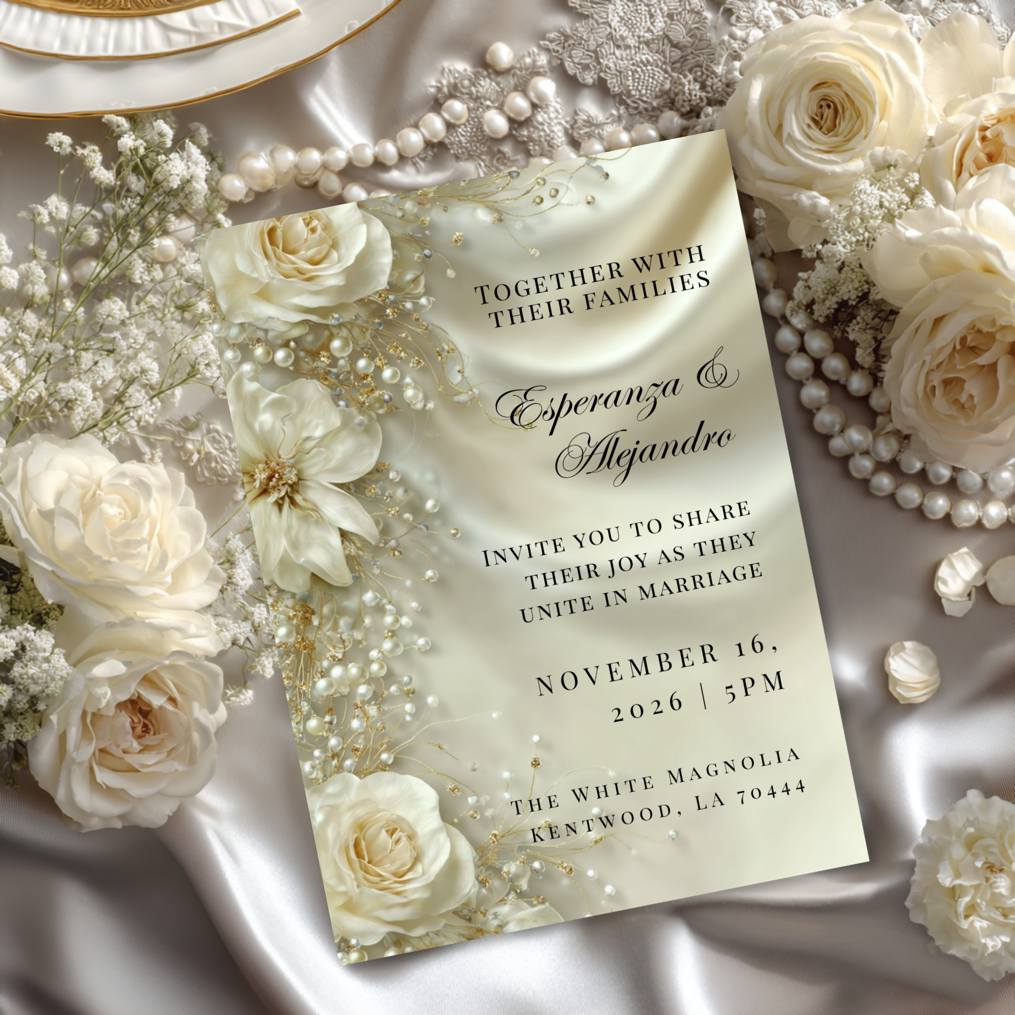 Luxury Satin & Pearl Wedding Invitation | Glamorous Bridal Invitation Template | Editable Canva Design