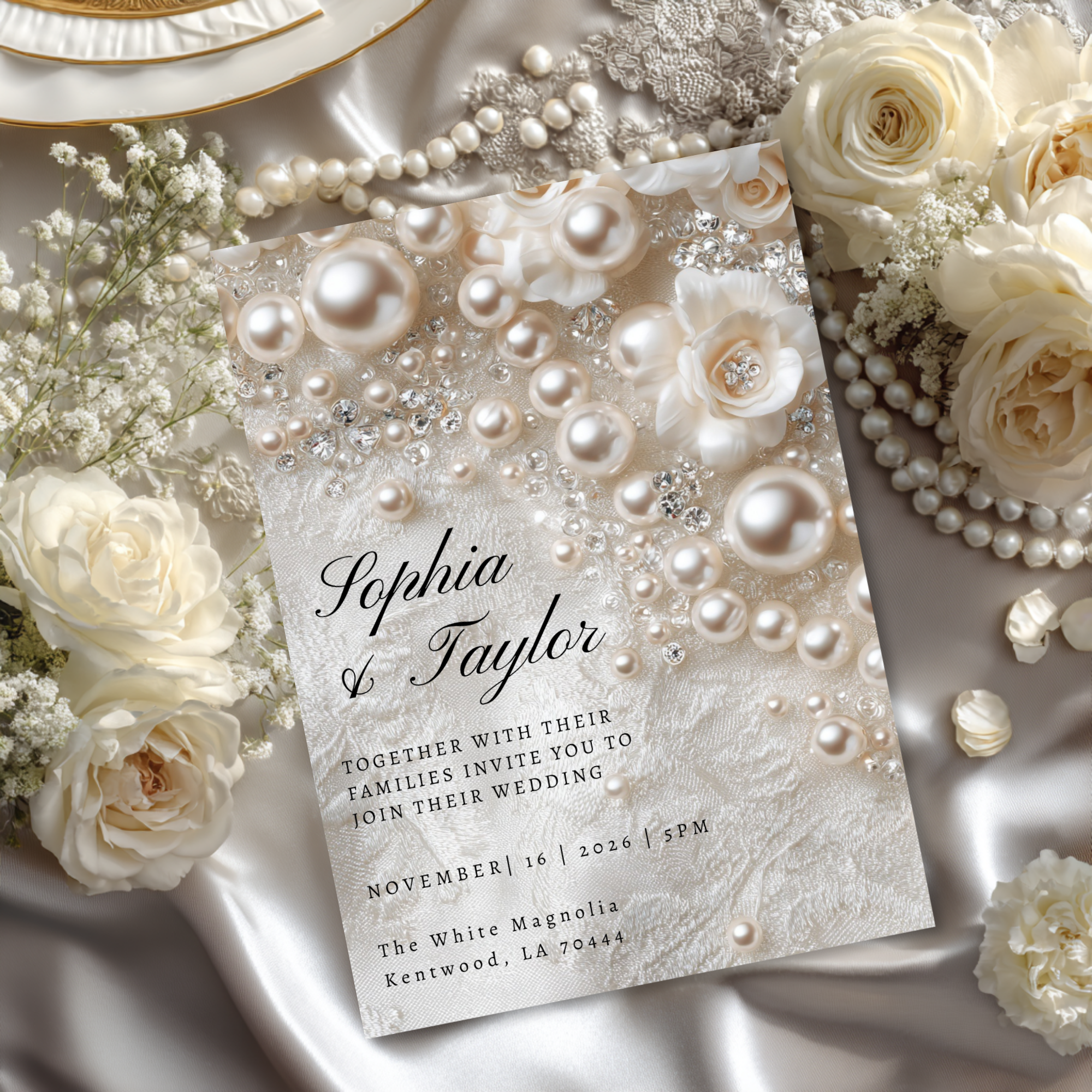 Romantic Pearl Wedding Invitation | Whimsical Elegant Wedding Template | Canva Editable Invite