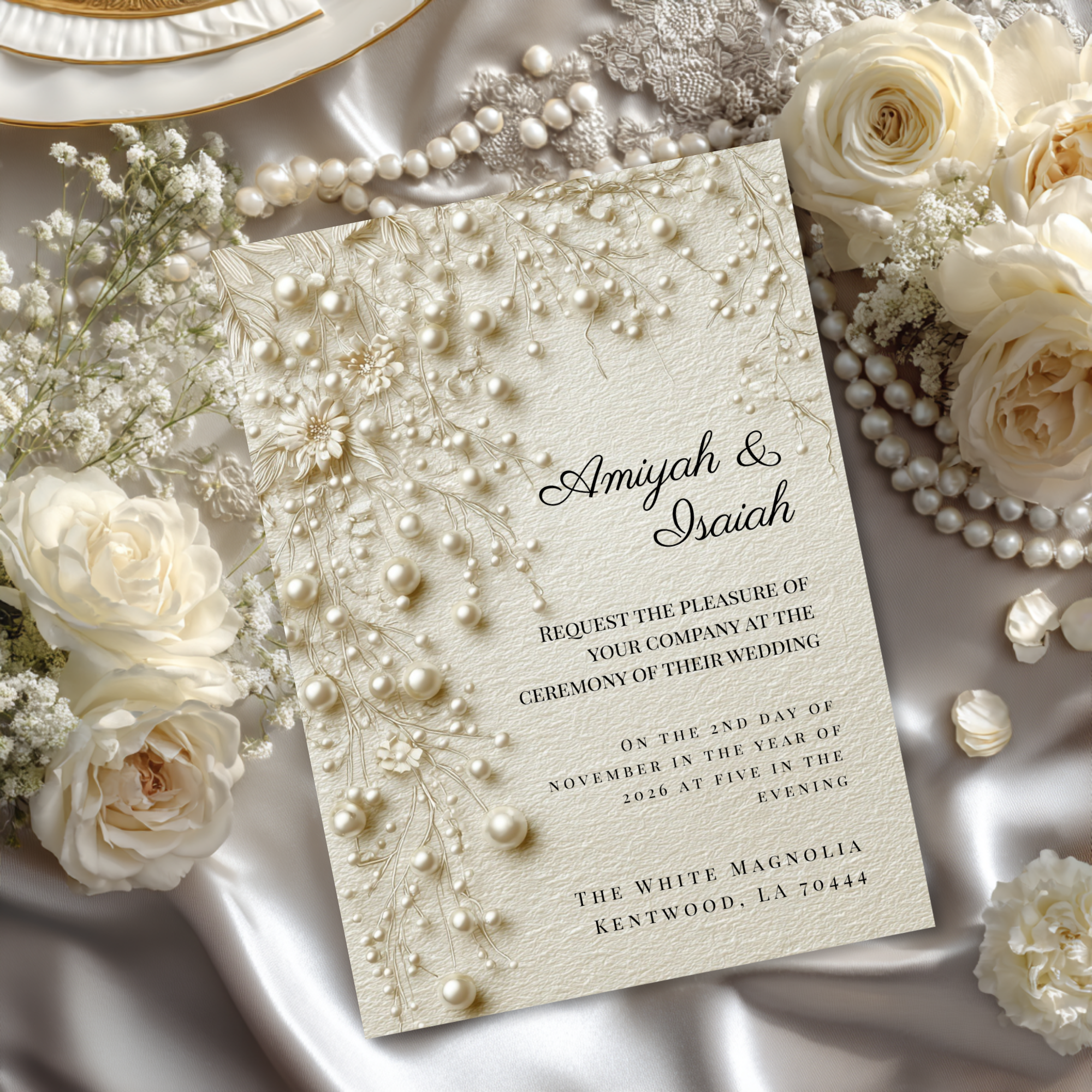 Pearl & Lace Wedding Invitation Template | Vintage Romantic Bridal Invite | Editable Canva Stationery