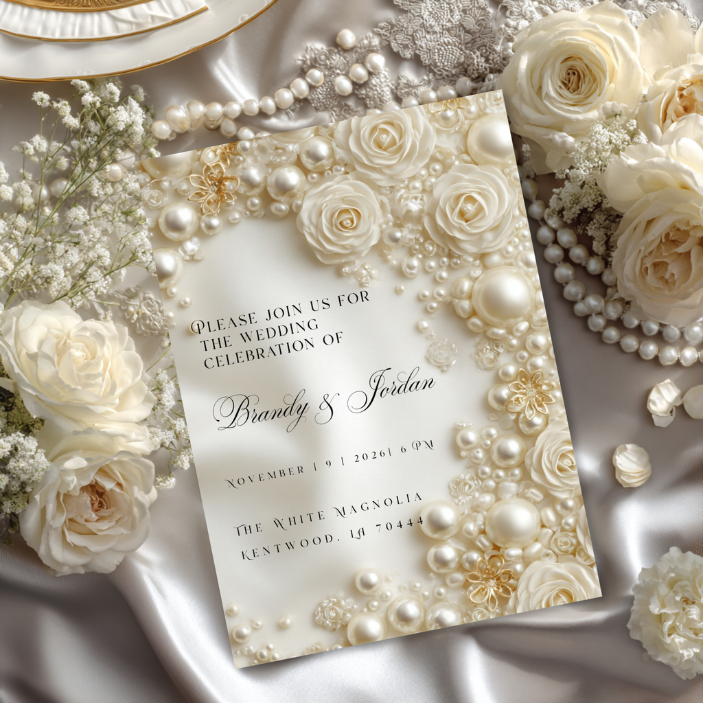Floral Pearl Wedding Invitation Template | Luxury Glamorous Bridal Invite | Editable Canva Stationery