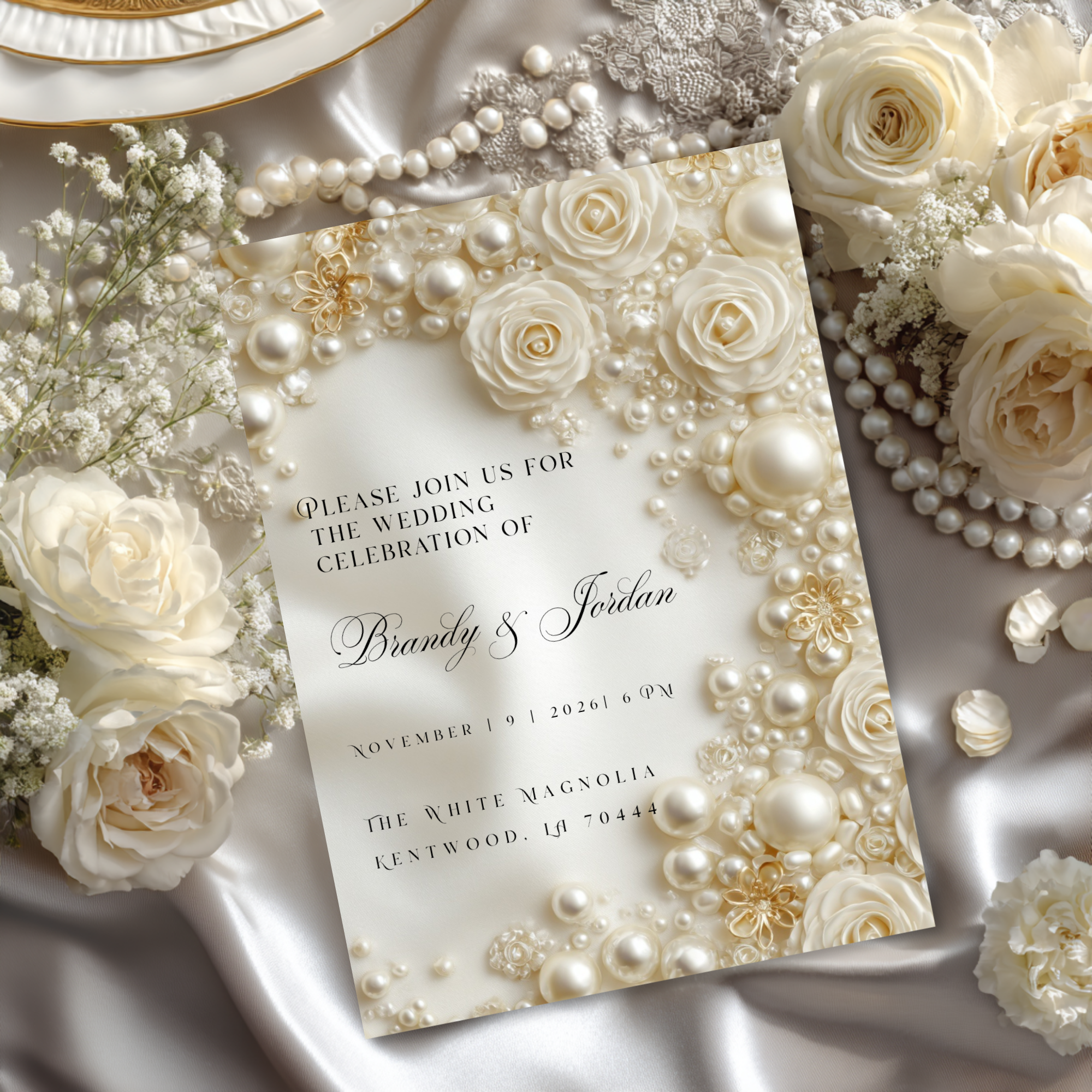 Floral Pearl Wedding Invitation Template | Luxury Glamorous Bridal Invite | Editable Canva Stationery