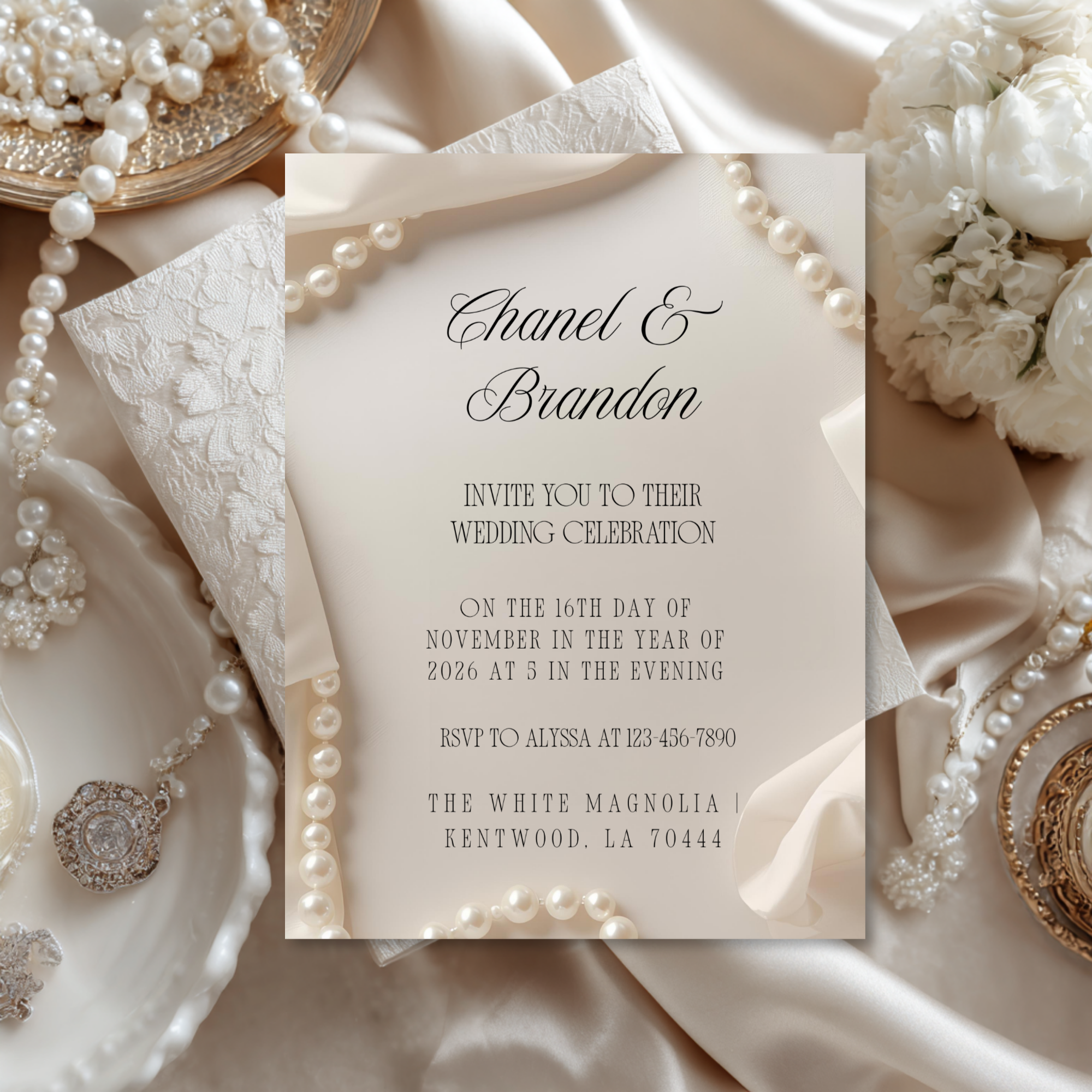 Minimal Pearl Wedding Invitation Template | Modern Elegant Bridal Suite | Editable Canva Invitation