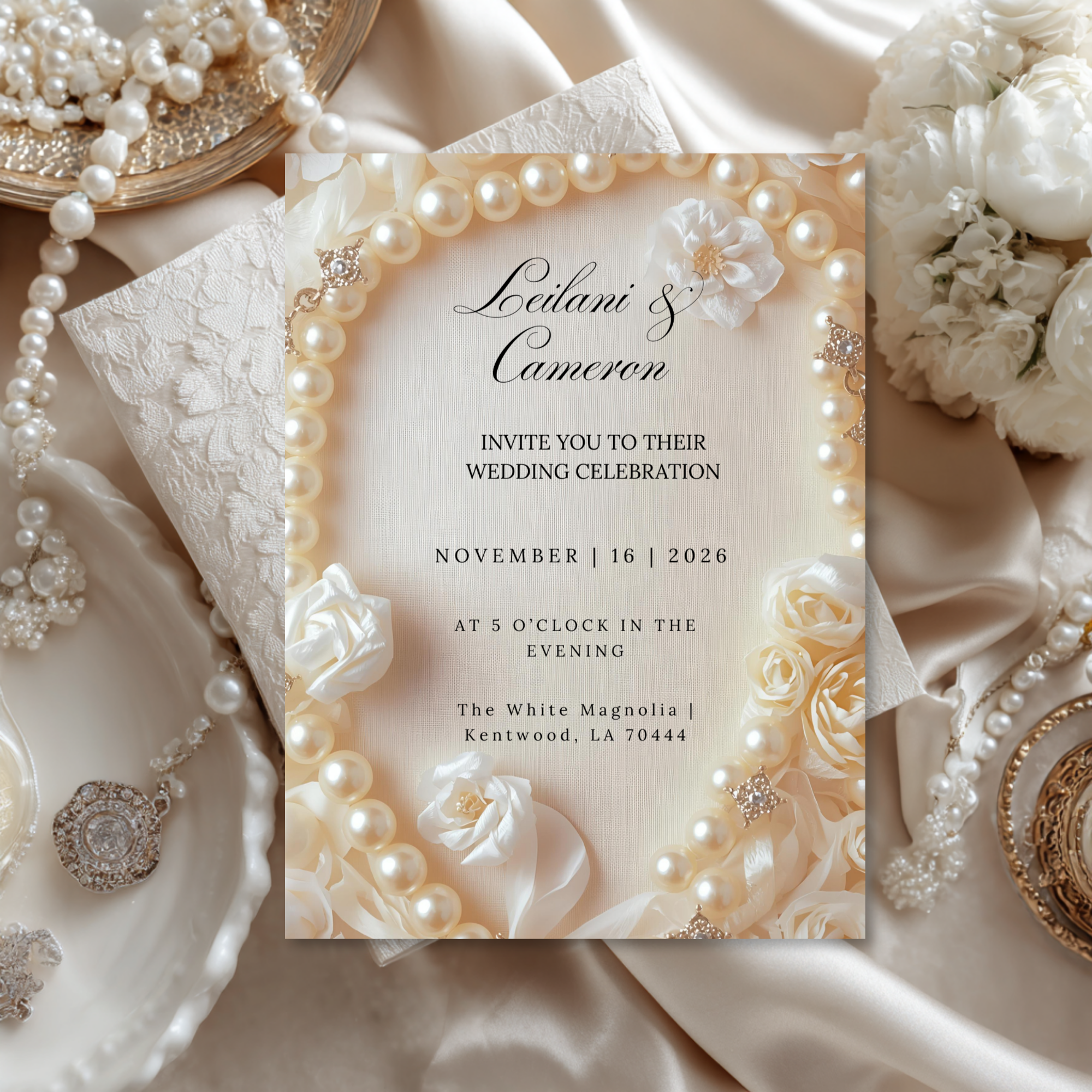 Elegant Pearl Wedding Invitation Template: Ivory Roses (Digital Download)
