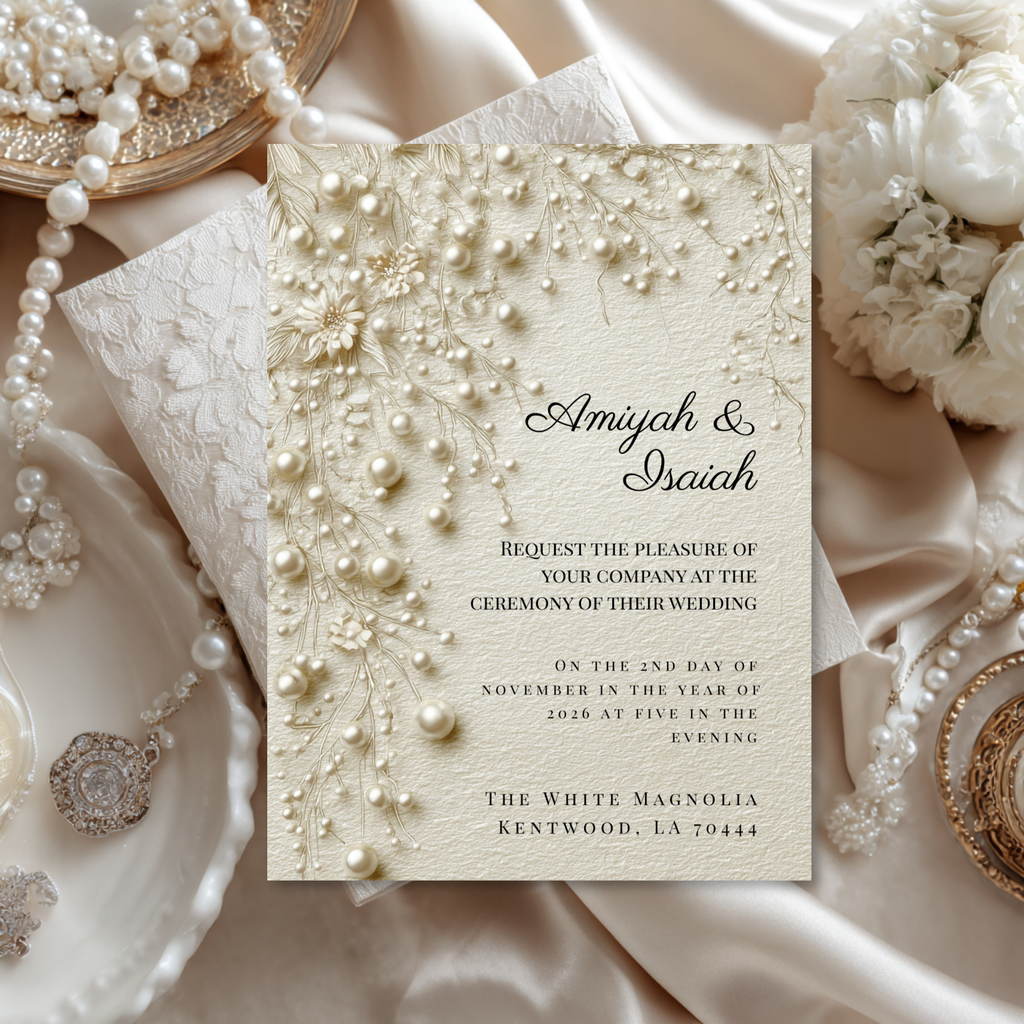 Pearl & Lace Wedding Invitation Template | Vintage Romantic Bridal Invite | Editable Canva Stationery