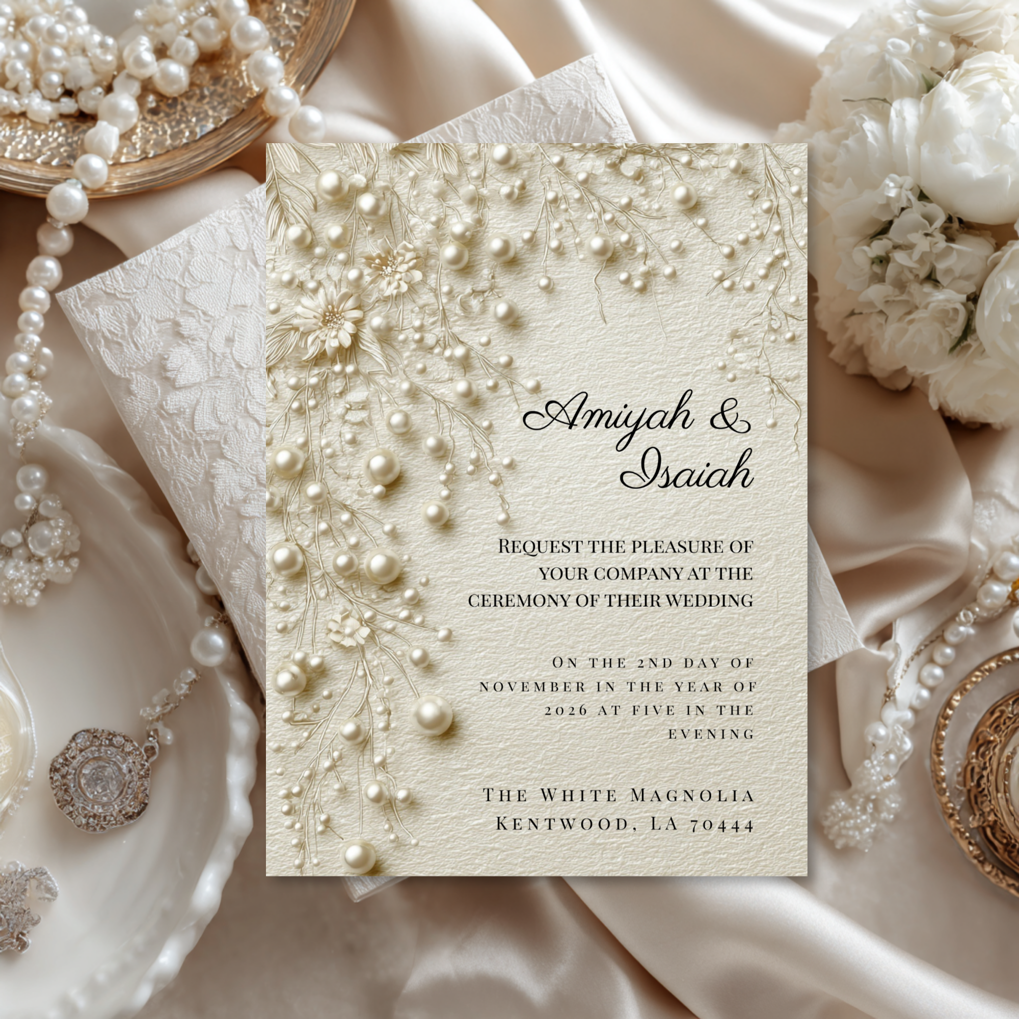 Pearl & Lace Wedding Invitation Template | Vintage Romantic Bridal Invite | Editable Canva Stationery