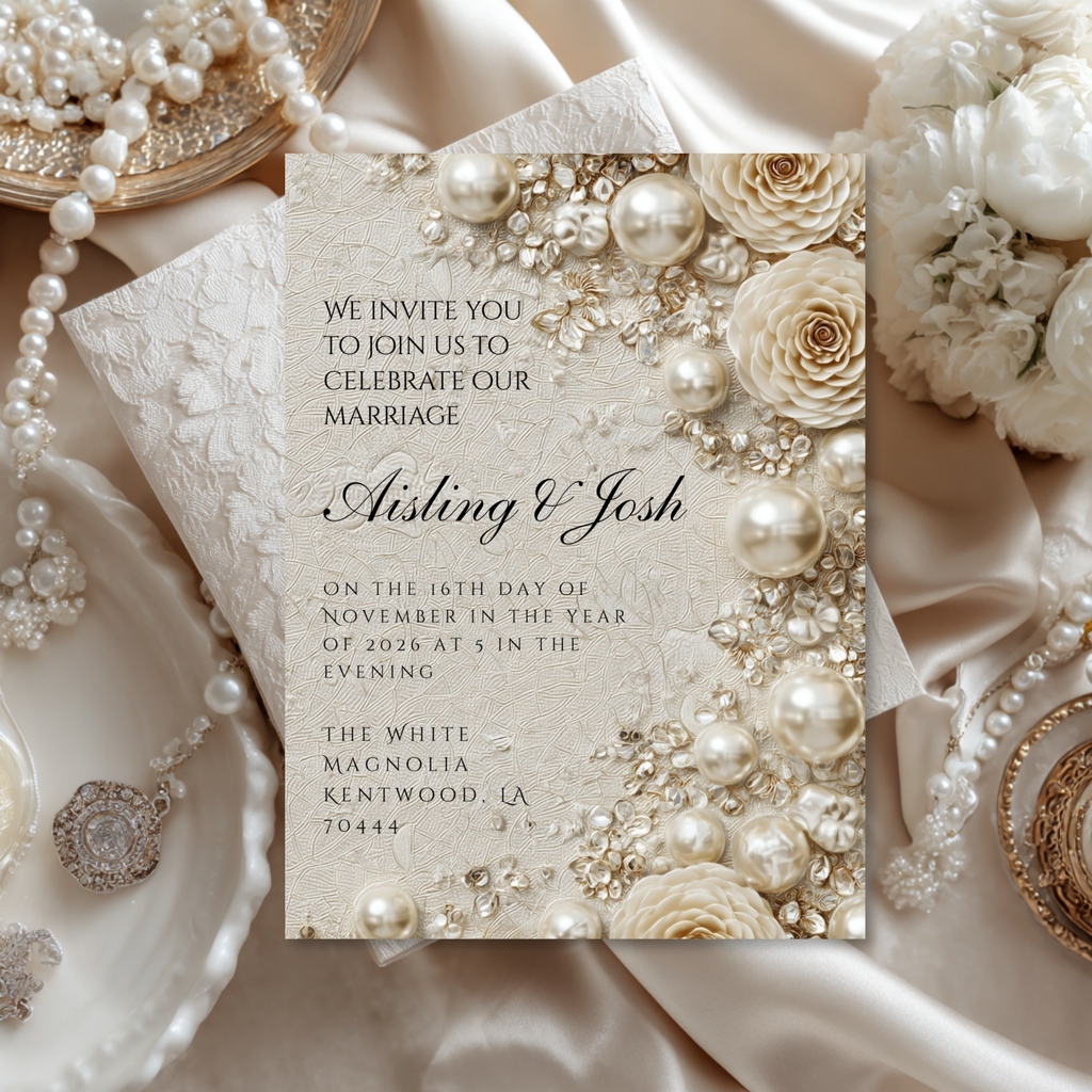 Pearl Wedding Invitation Template | Timeless Romantic Bridal Invitation | Editable Canva Design