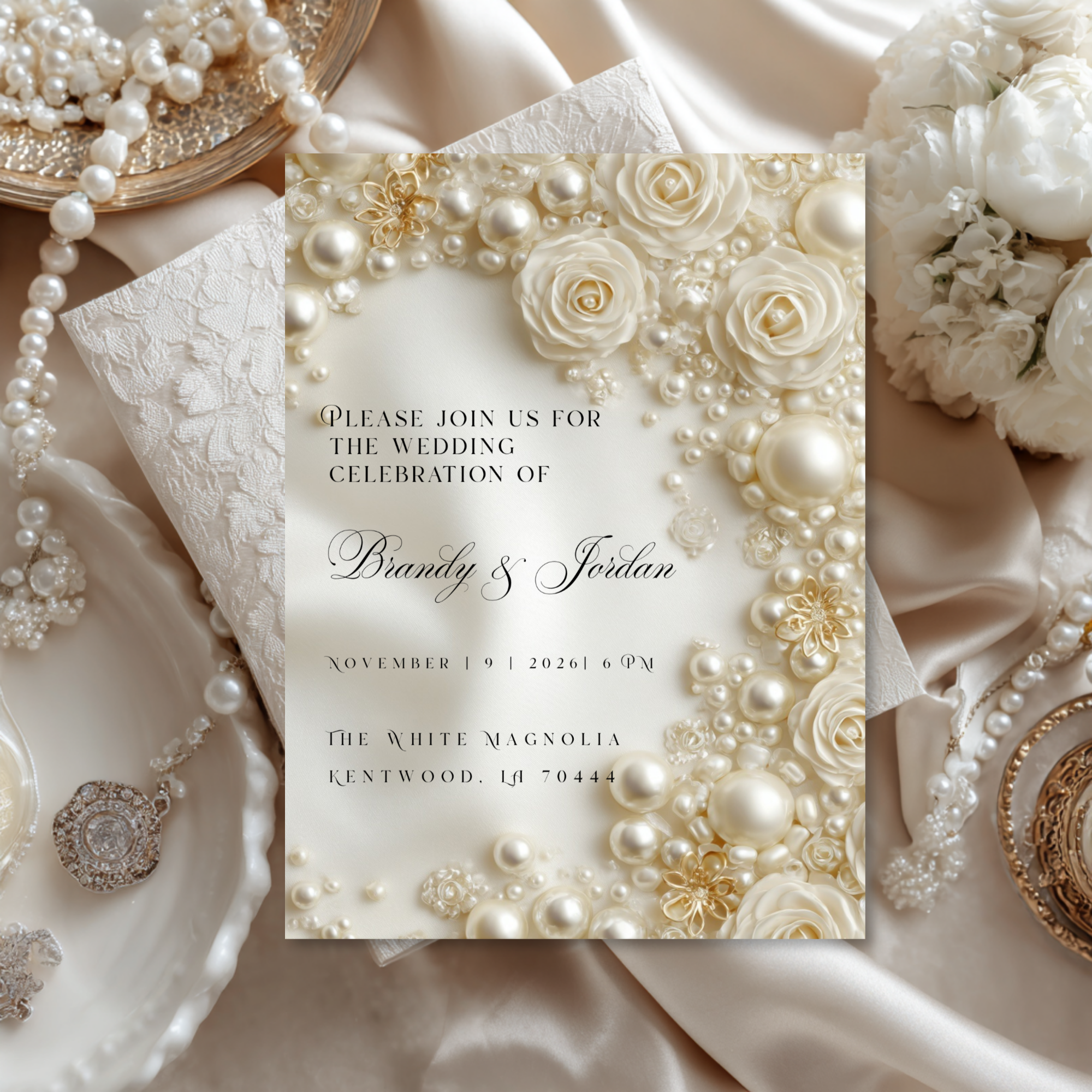 Floral Pearl Wedding Invitation Template | Luxury Glamorous Bridal Invite | Editable Canva Stationery