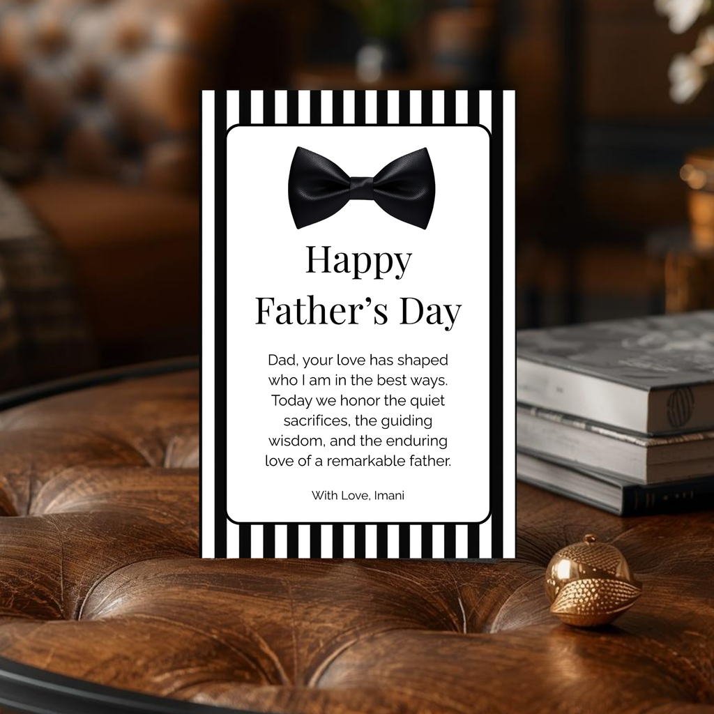 Luxe Father’s Day Card with Bow Tie Design | Editable in Canva | Formal Black and White | Printable Template | Instant Download