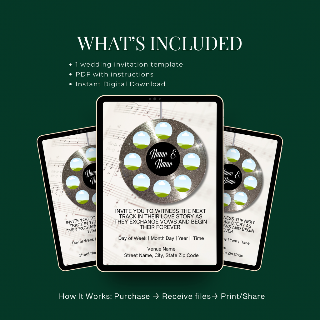 Soundtrack of Our Love Wedding Invite | Silver Vinyl Record Wedding Template | Editable in Canva