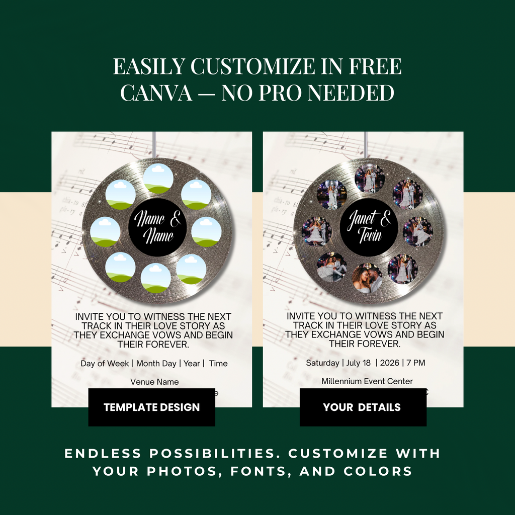 Soundtrack of Our Love Wedding Invite | Silver Vinyl Record Wedding Template | Editable in Canva