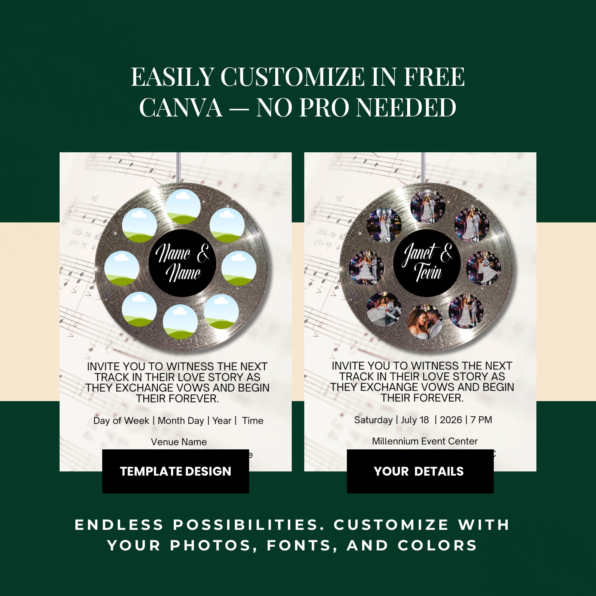 Soundtrack of Our Love Wedding Invite | Silver Vinyl Record Wedding Template | Editable in Canva