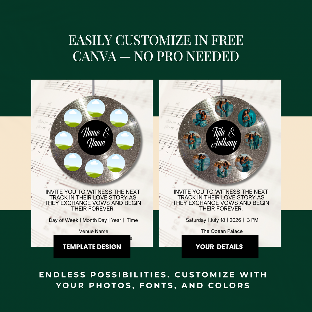Soundtrack of Our Love Wedding Invite | Silver Vinyl Record Wedding Template | Editable in Canva