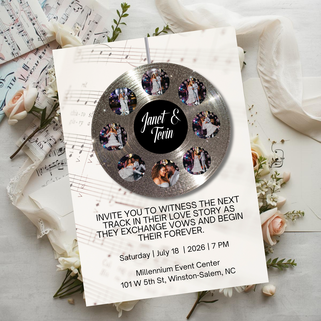 Soundtrack of Our Love Wedding Invite | Silver Vinyl Record Wedding Template | Editable in Canva