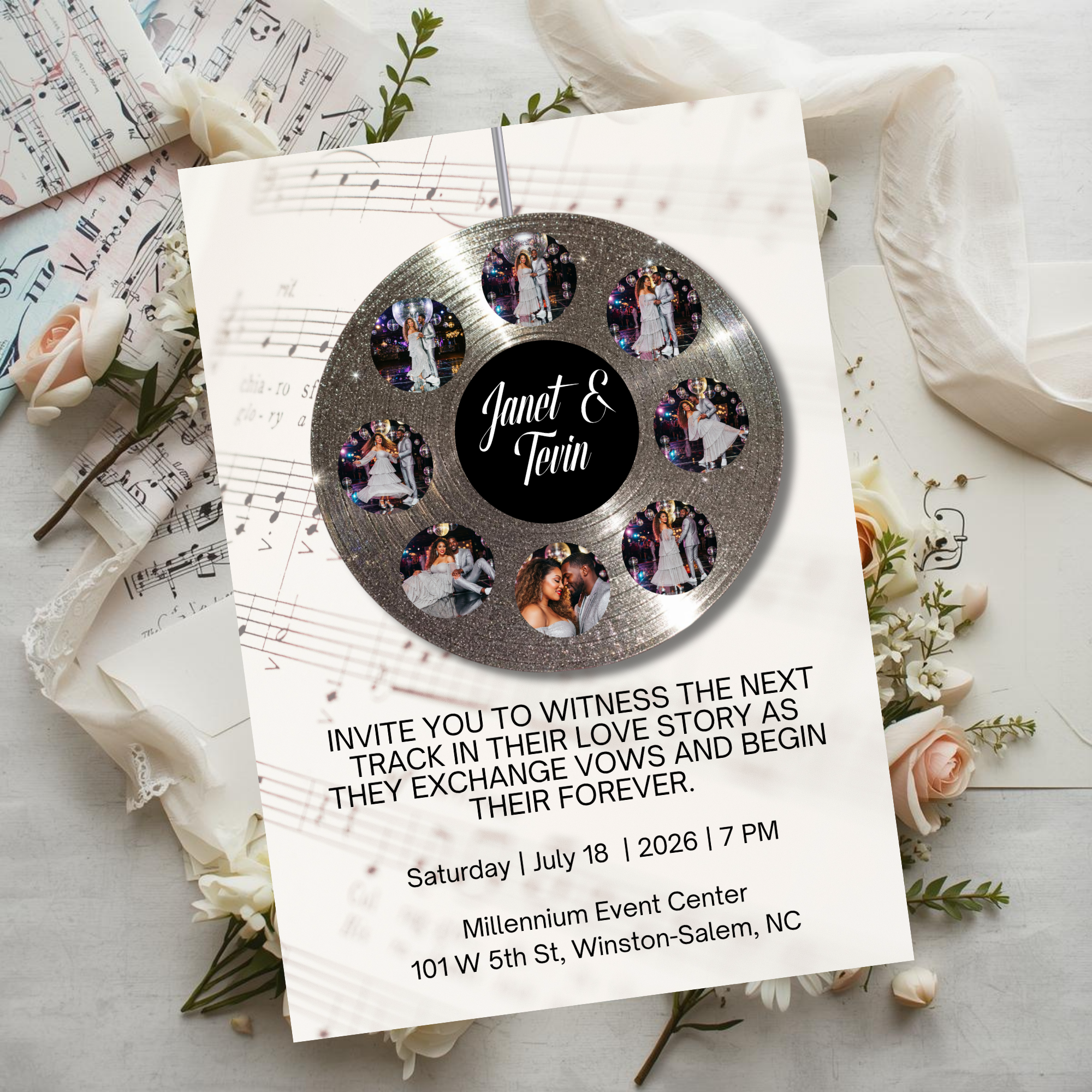 Soundtrack of Our Love Wedding Invite | Silver Vinyl Record Wedding Template | Editable in Canva