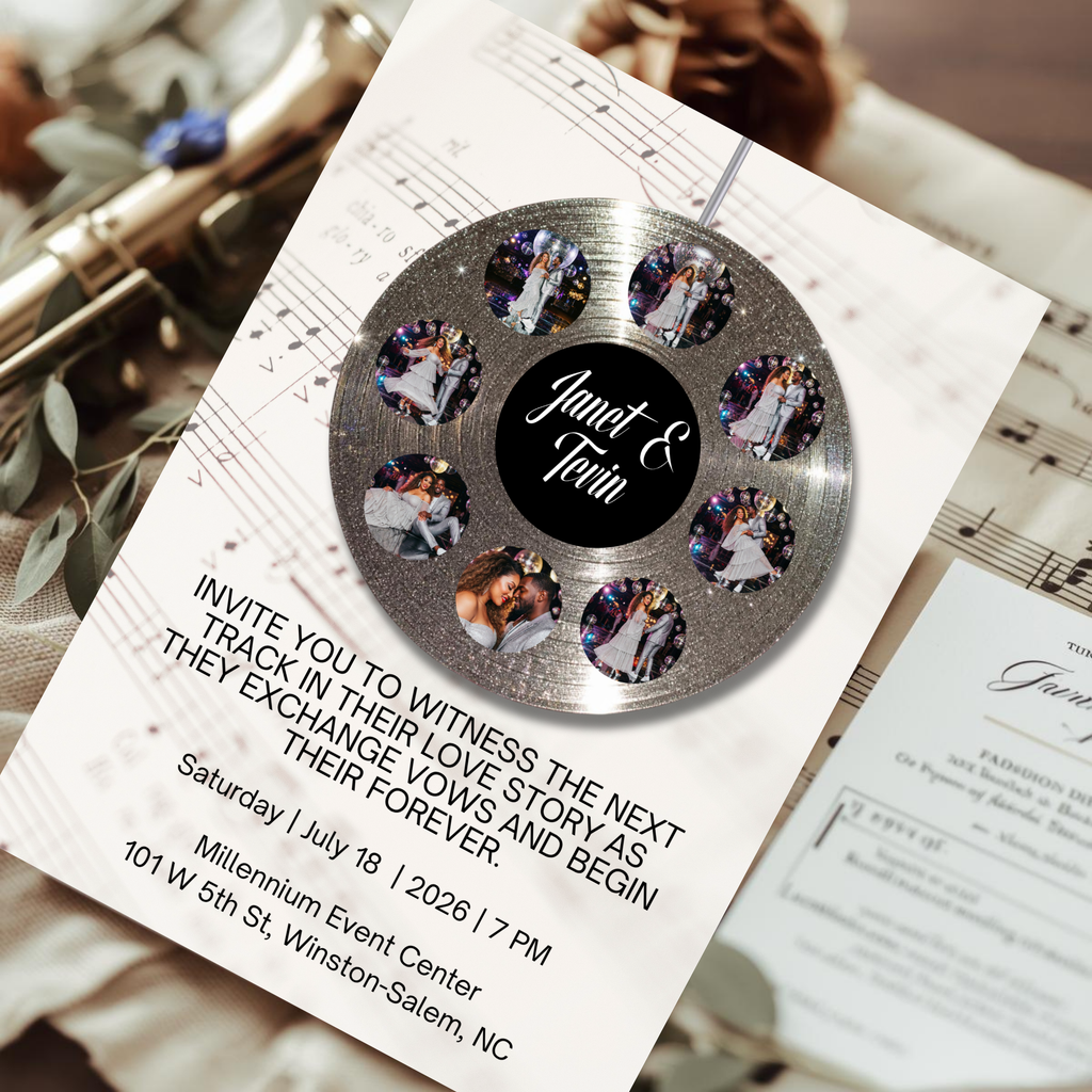 Soundtrack of Our Love Wedding Invite | Silver Vinyl Record Wedding Template | Editable in Canva