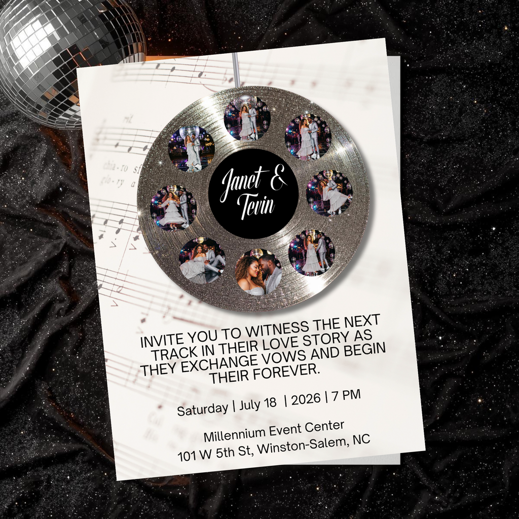 Soundtrack of Our Love Wedding Invite | Silver Vinyl Record Wedding Template | Editable in Canva