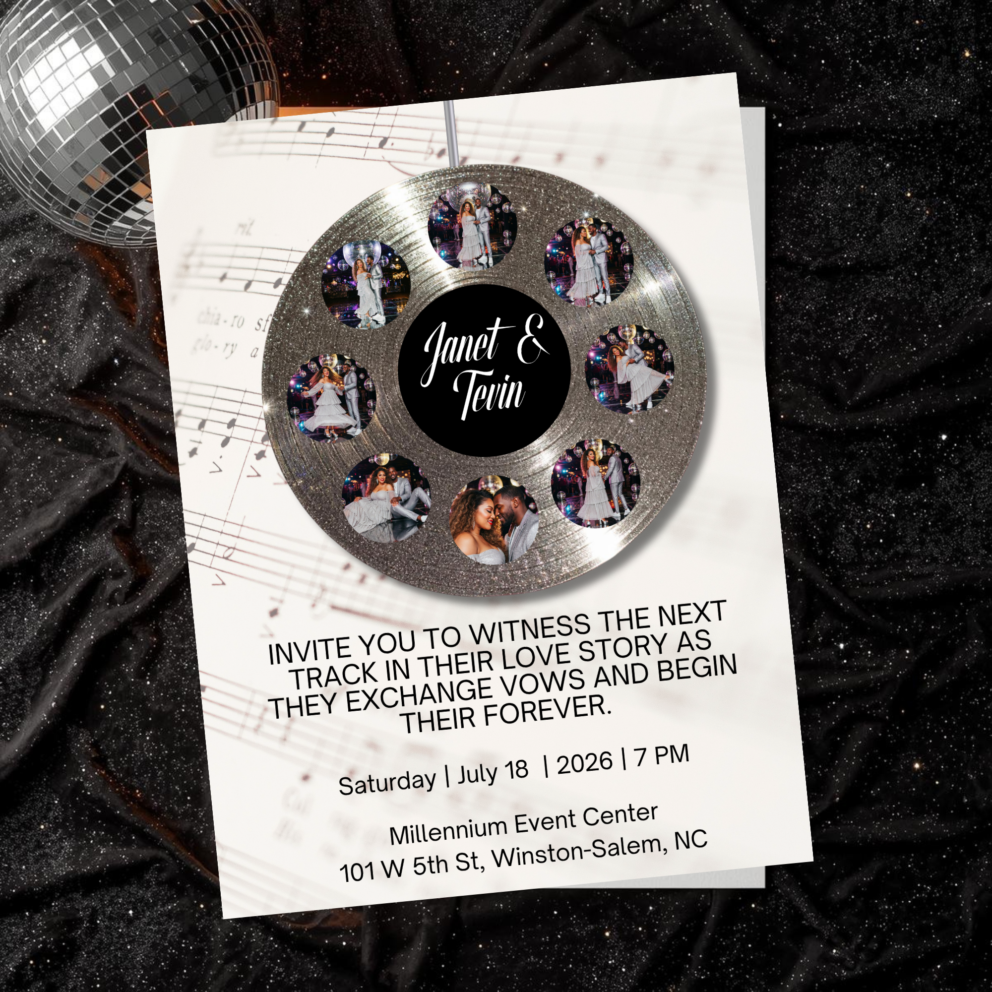 Soundtrack of Our Love Wedding Invite | Silver Vinyl Record Wedding Template | Editable in Canva