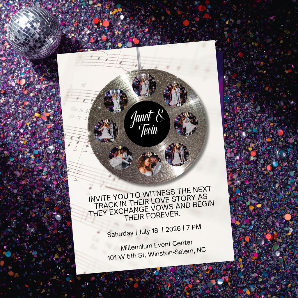 Soundtrack of Our Love Wedding Invite | Silver Vinyl Record Wedding Template | Editable in Canva