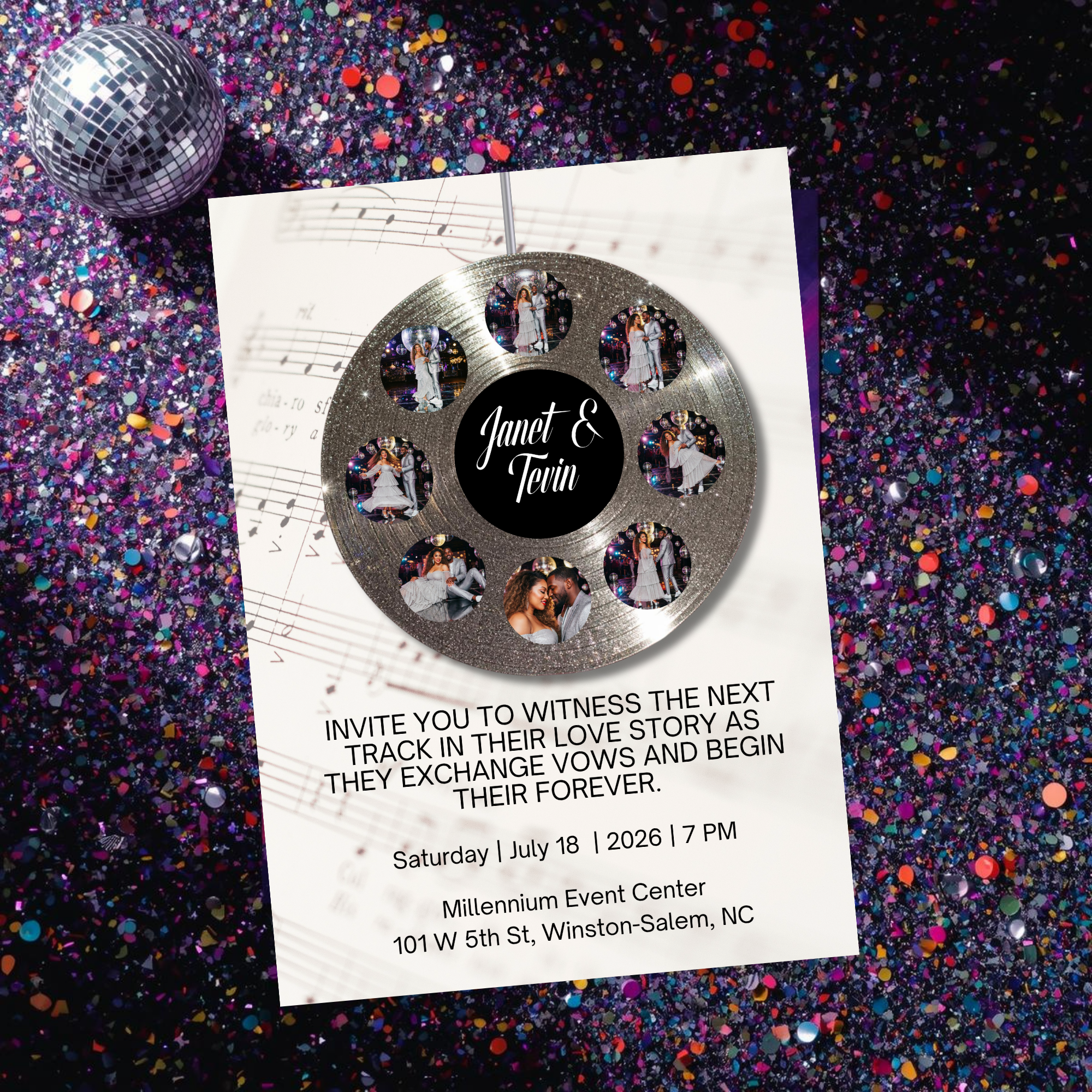 Soundtrack of Our Love Wedding Invite | Silver Vinyl Record Wedding Template | Editable in Canva