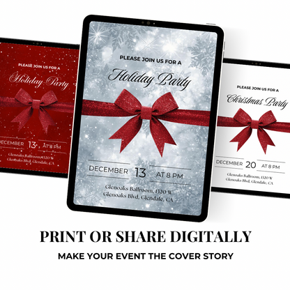 Classic Holiday Party Invitation | Red Bow & Snowflakes Canva Template