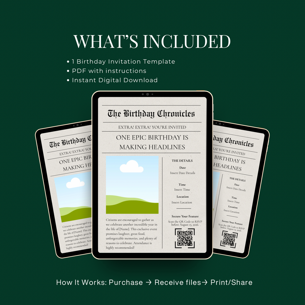 The Birthday Chronicles | Vintage Newspaper Birthday Invitation Template