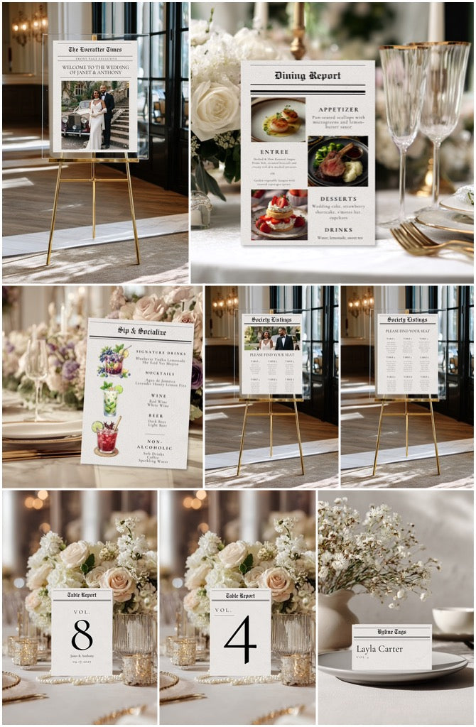 The Everafter Times | Newspaper Wedding Reception Suite | Editable Canva Template | Welcome Sign | Menus | Seating Charts |Table Numbers | Place Cards