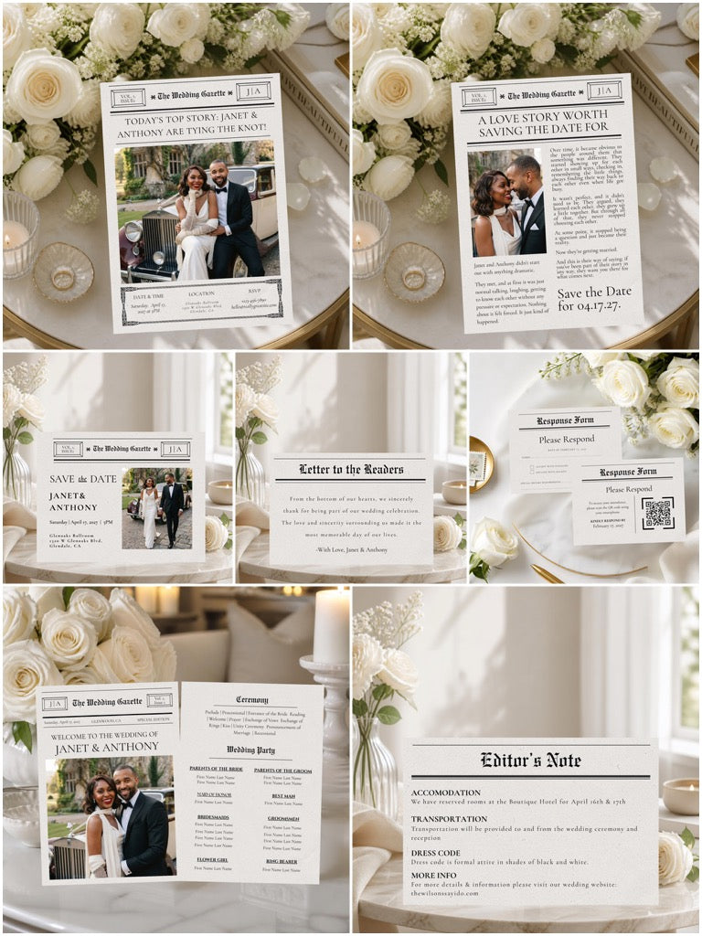 The Wedding Gazette | Newspaper-Inspired Wedding Suite | Fully Editable Canva Template