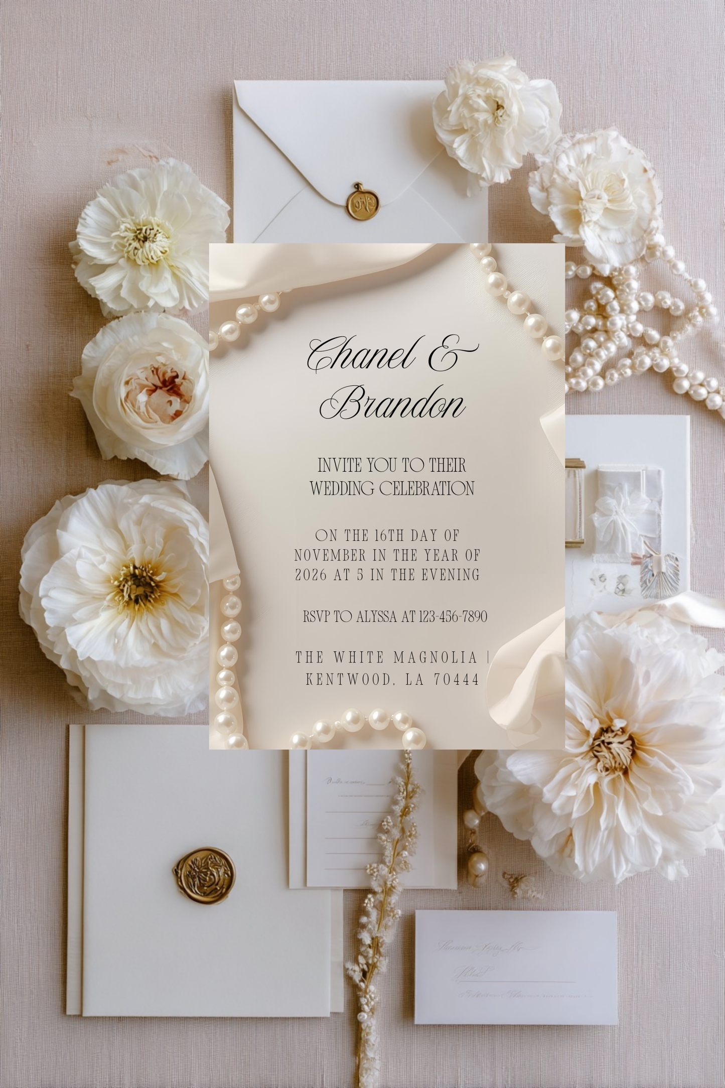 Minimal Pearl Wedding Invitation Template | Modern Elegant Bridal Suite | Editable Canva Invitation