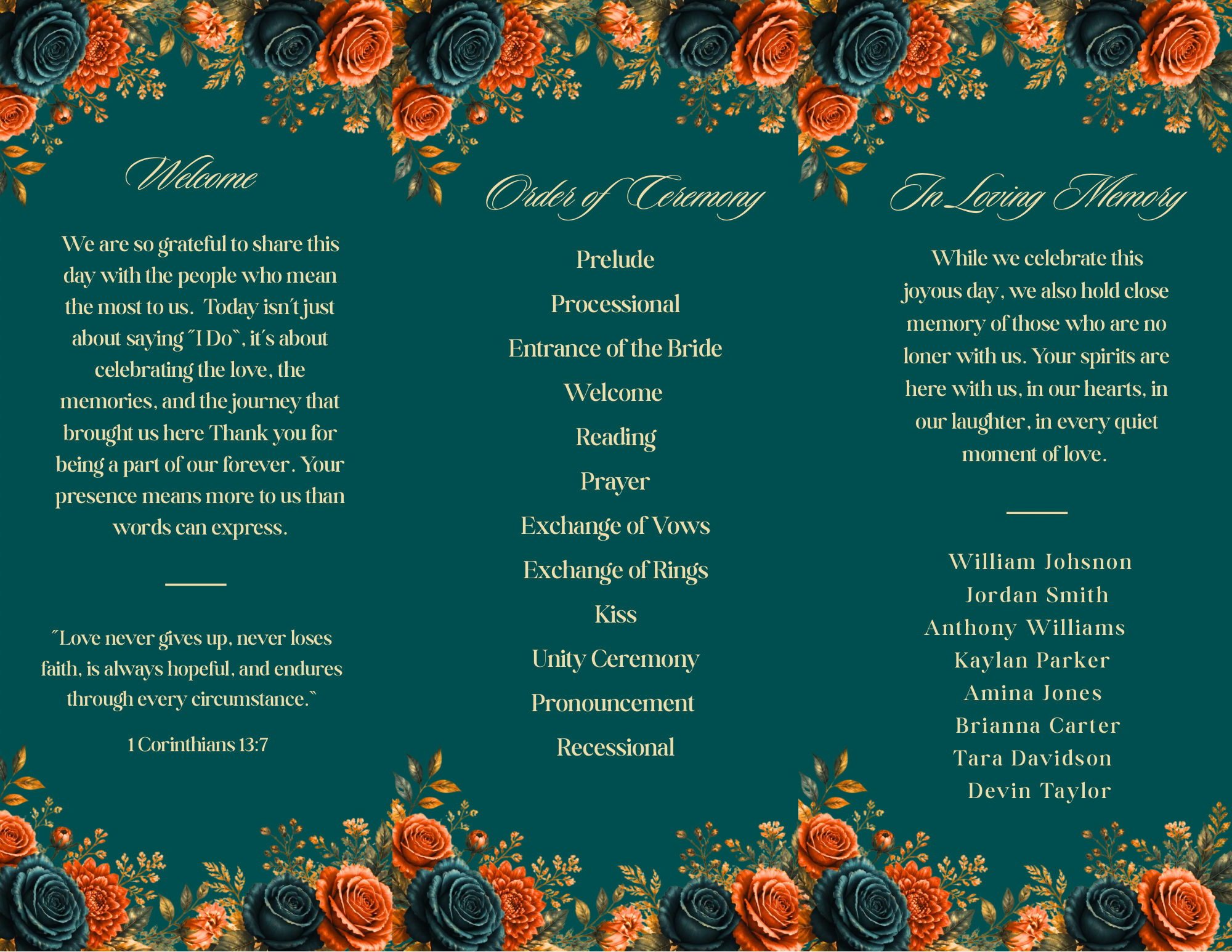 Editorial Burnt Orange & Teal Trifold Wedding Program Template