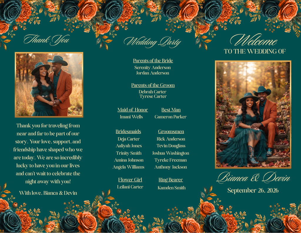 Editorial Burnt Orange & Teal Trifold Wedding Program Template