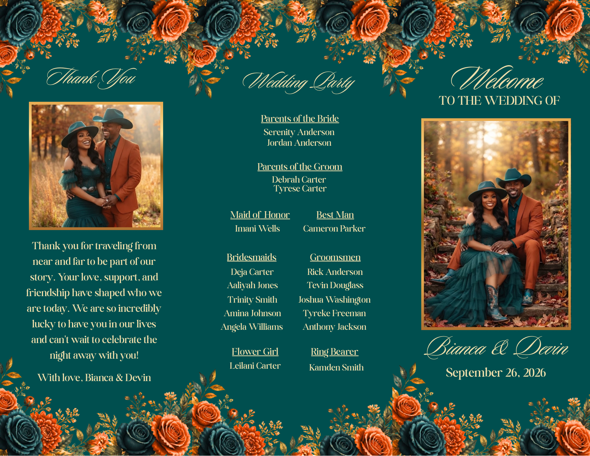 Editorial Burnt Orange & Teal Trifold Wedding Program Template